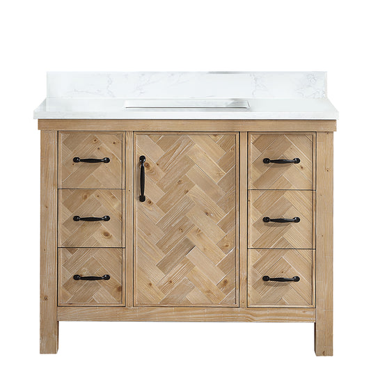 Vinnova, Javier 42" Free-standing Single Bath Vanity in Spruce Antique Brown with White Grain Composite Stone Top