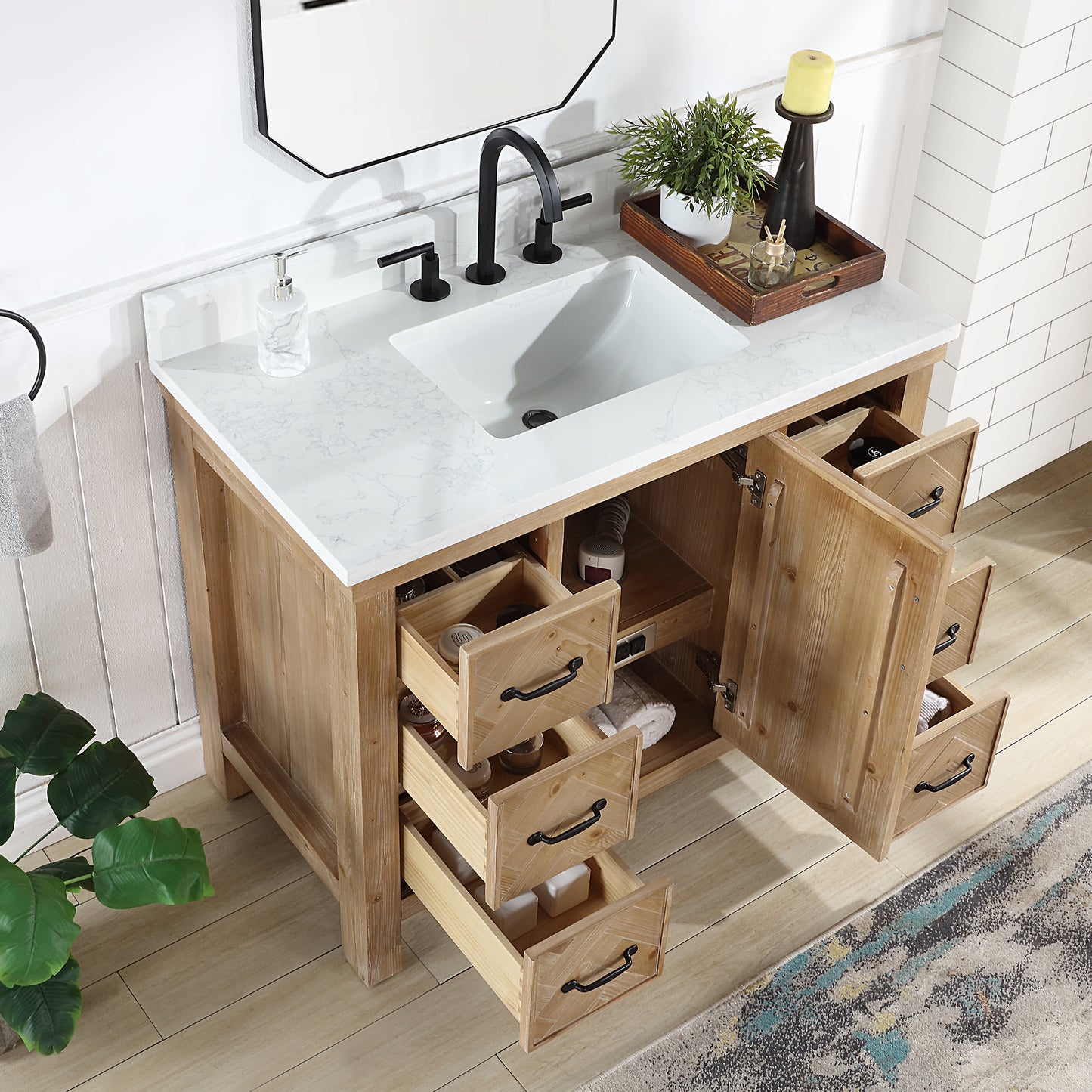 Vinnova, Javier 42" Free-standing Single Bath Vanity in Spruce Antique Brown with White Grain Composite Stone Top