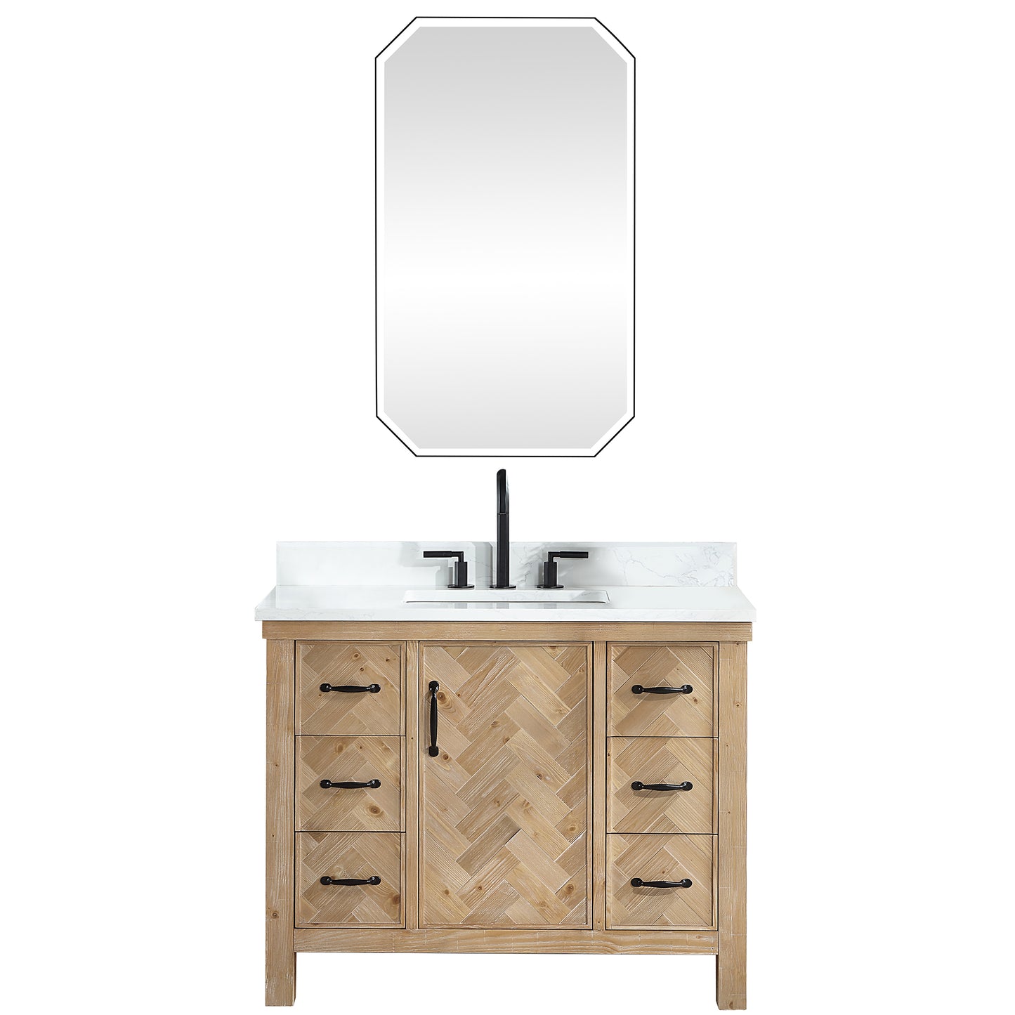 Vinnova, Javier 42" Free-standing Single Bath Vanity in Spruce Antique Brown with White Grain Composite Stone Top and Mirror