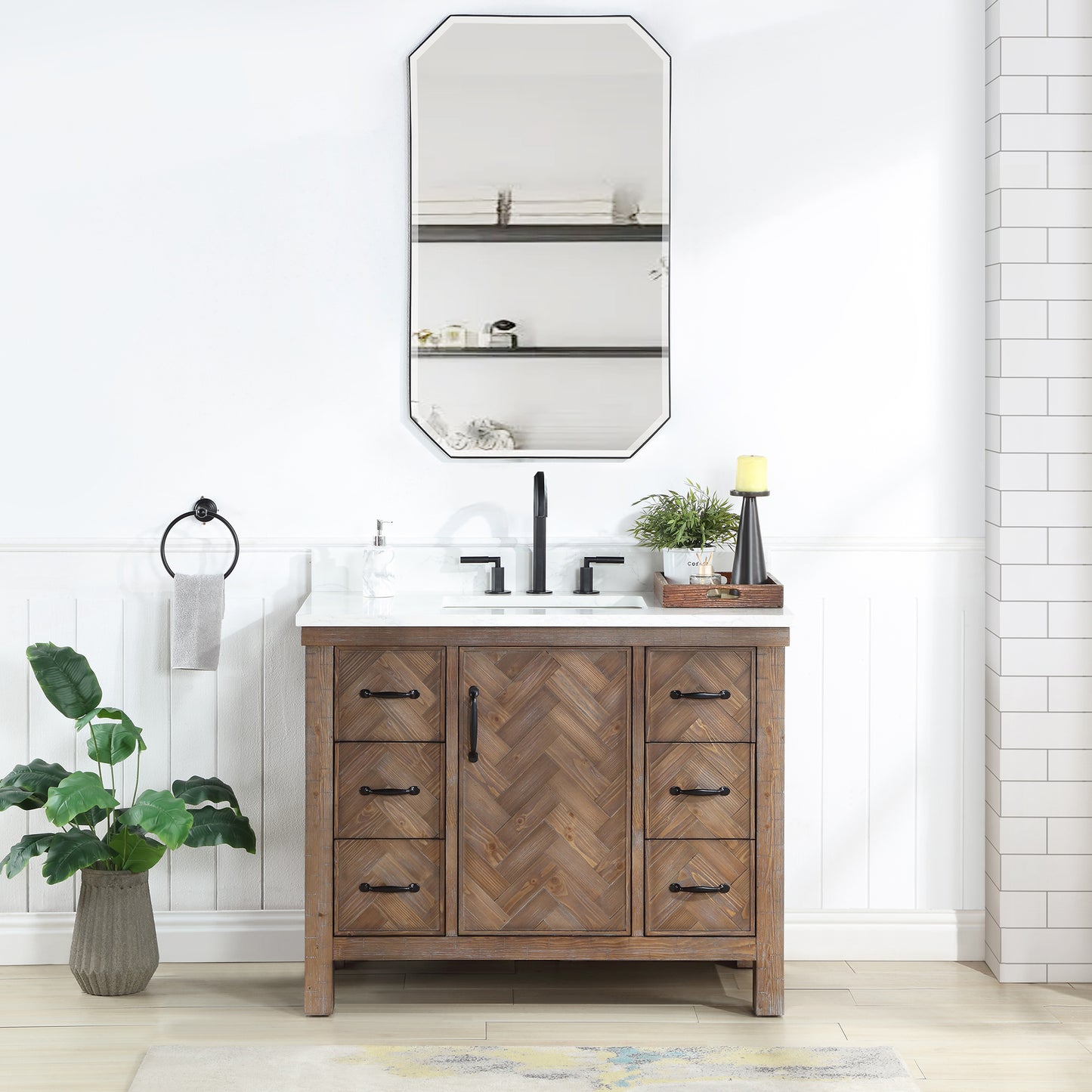 Vinnova, Javier 42" Free-standing Single Bath Vanity in Spruce Antique Gray with White Grain Composite Stone Top