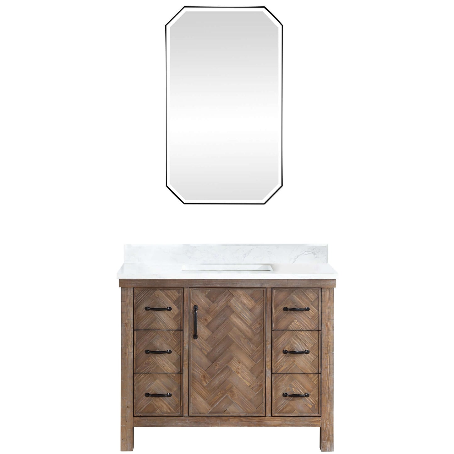 Vinnova Javier 42-inch free-standing single vanity in antique gray spruce with white grain composite top and mirror