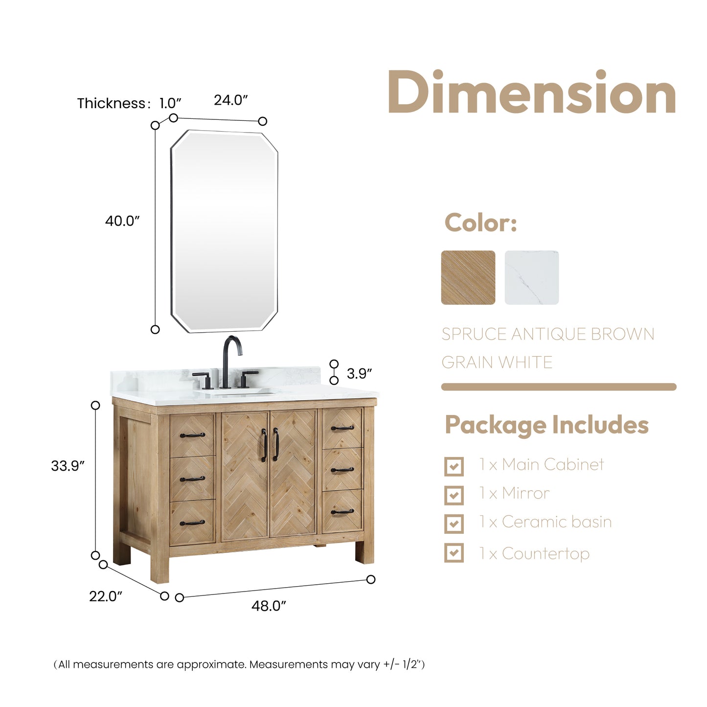 Vinnova, Javier 48" Free-standing Single Bath Vanity in Spruce Antique Brown with White Grain Composite Stone Top and Mirror