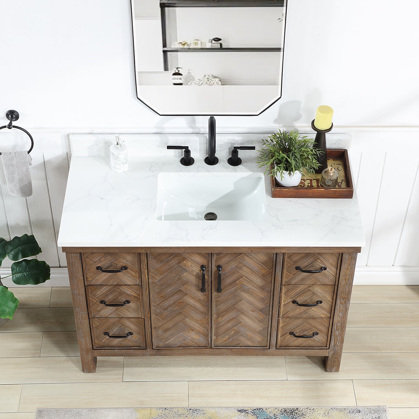 Vinnova, Javier 48" Free-standing Single Bath Vanity in Spruce Antique Gray with White Grain Composite Stone Top and Mirror