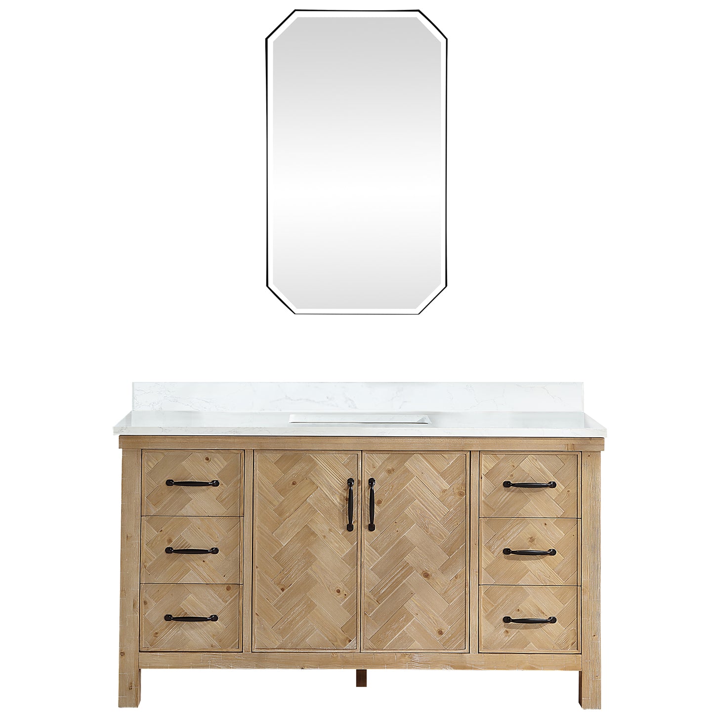 Vinnova, Javier 60" Free-standing Single Bath Vanity in Spruce Antique Brown with White Grain Composite Stone Top and Mirror