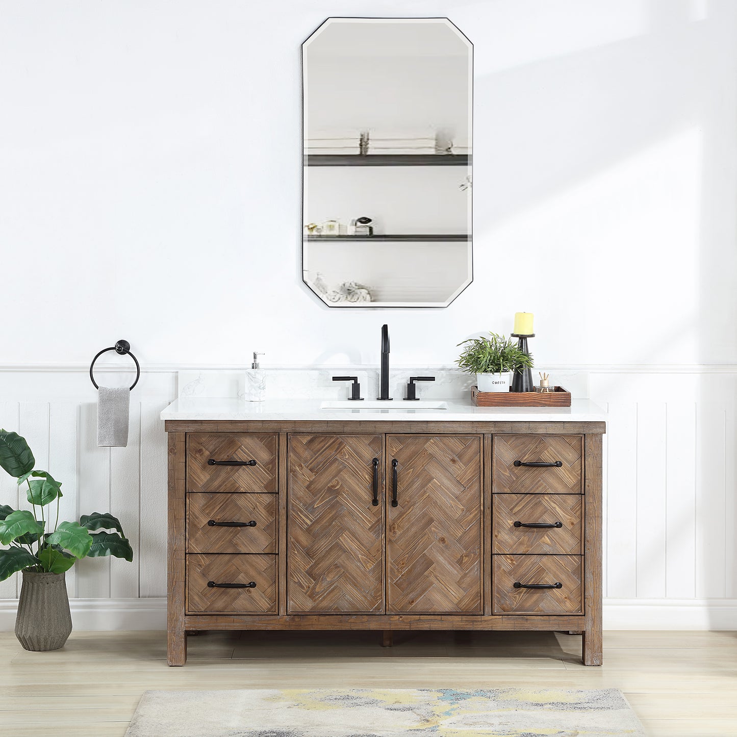 Vinnova, Javier 60" Free-standing Single Bath Vanity in Spruce Antique Gray with White Grain Composite Stone Top and Mirror