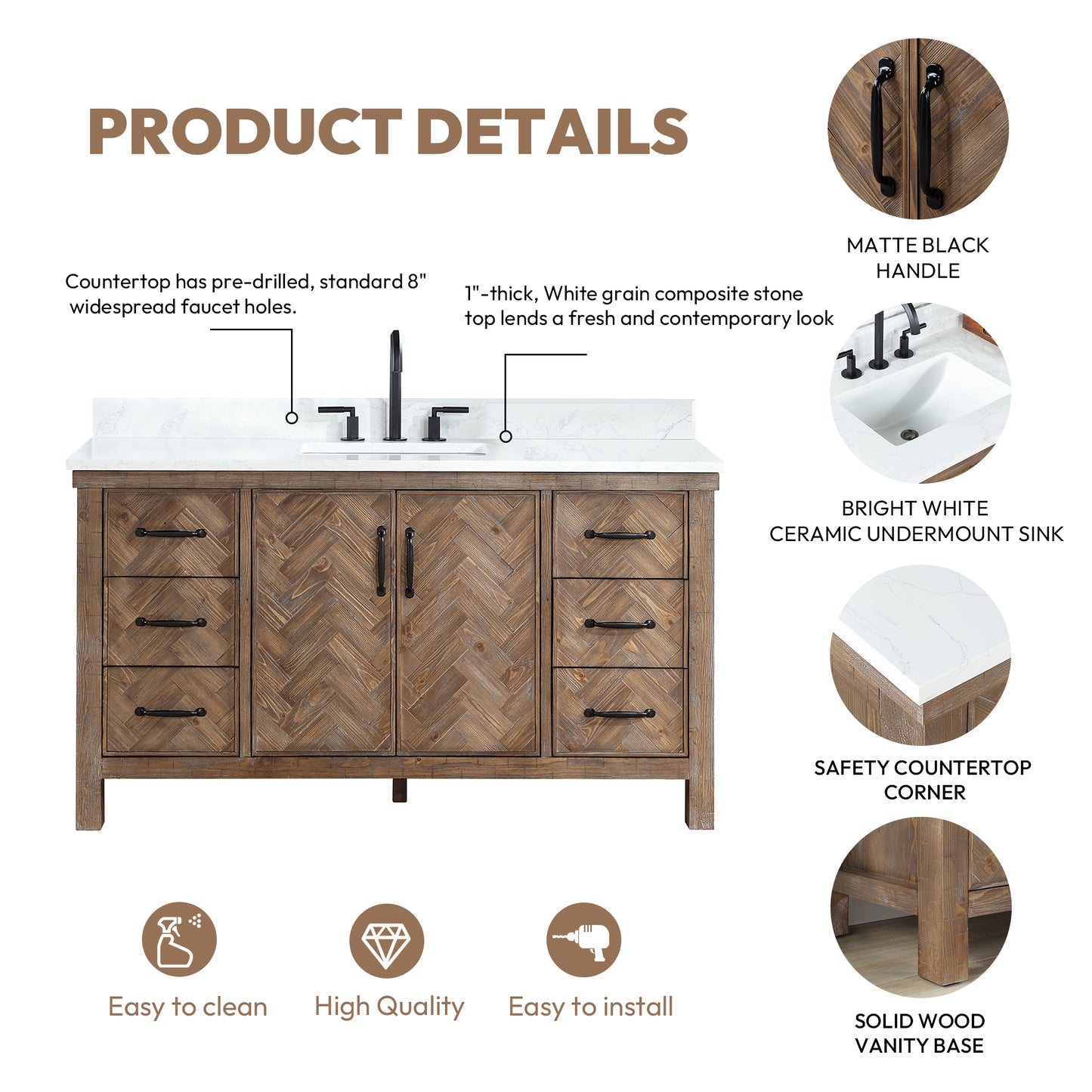 Vinnova, Javier 60" Free-standing Single Bath Vanity in Spruce Antique Gray with White Grain Composite Stone Top and Mirror