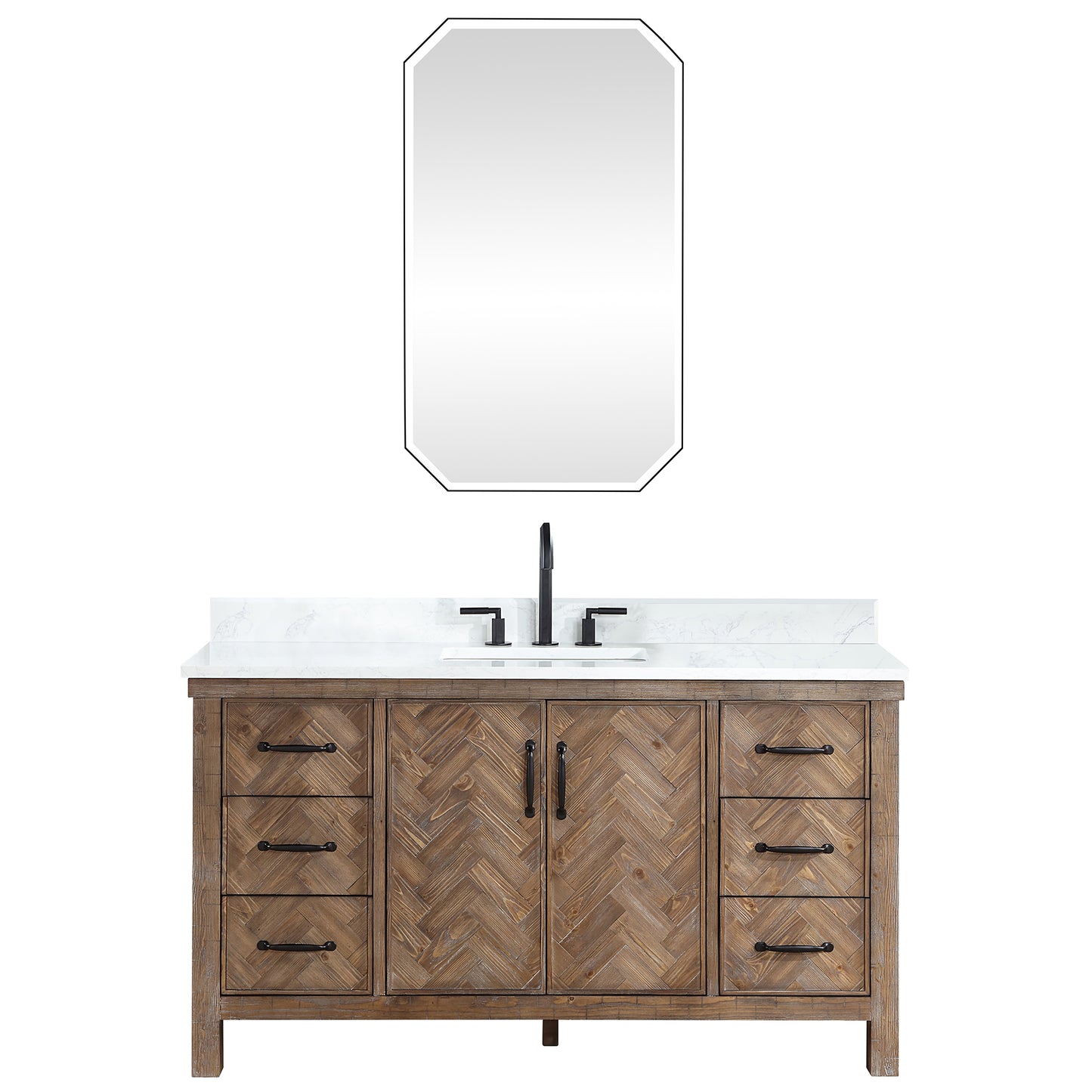 Vinnova, Javier 60" Free-standing Single Bath Vanity in Spruce Antique Gray with White Grain Composite Stone Top and Mirror