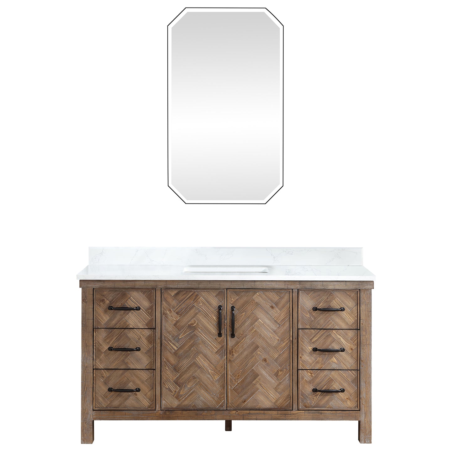 Vinnova, Javier 60" Free-standing Single Bath Vanity in Spruce Antique Gray with White Grain Composite Stone Top and Mirror