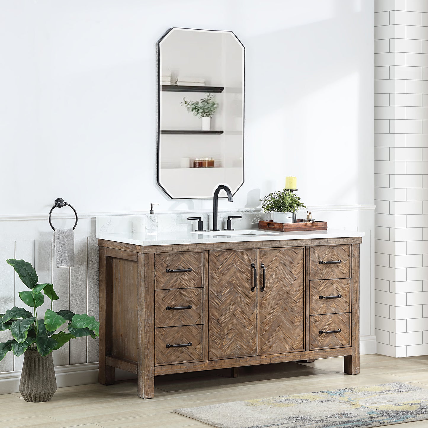 Vinnova, Javier 60" Free-standing Single Bath Vanity in Spruce Antique Gray with White Grain Composite Stone Top and Mirror