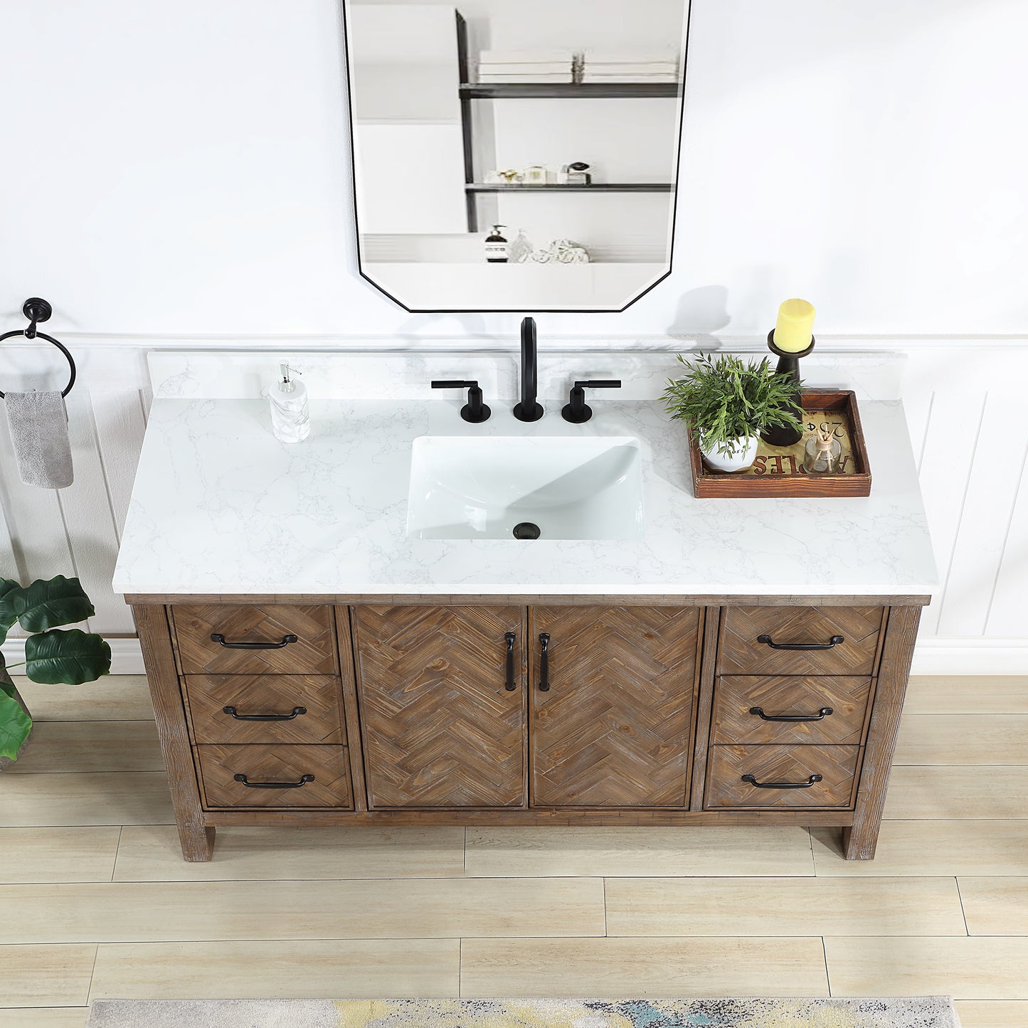 Vinnova, Javier 60" Free-standing Single Bath Vanity in Spruce Antique Gray with White Grain Composite Stone Top and Mirror