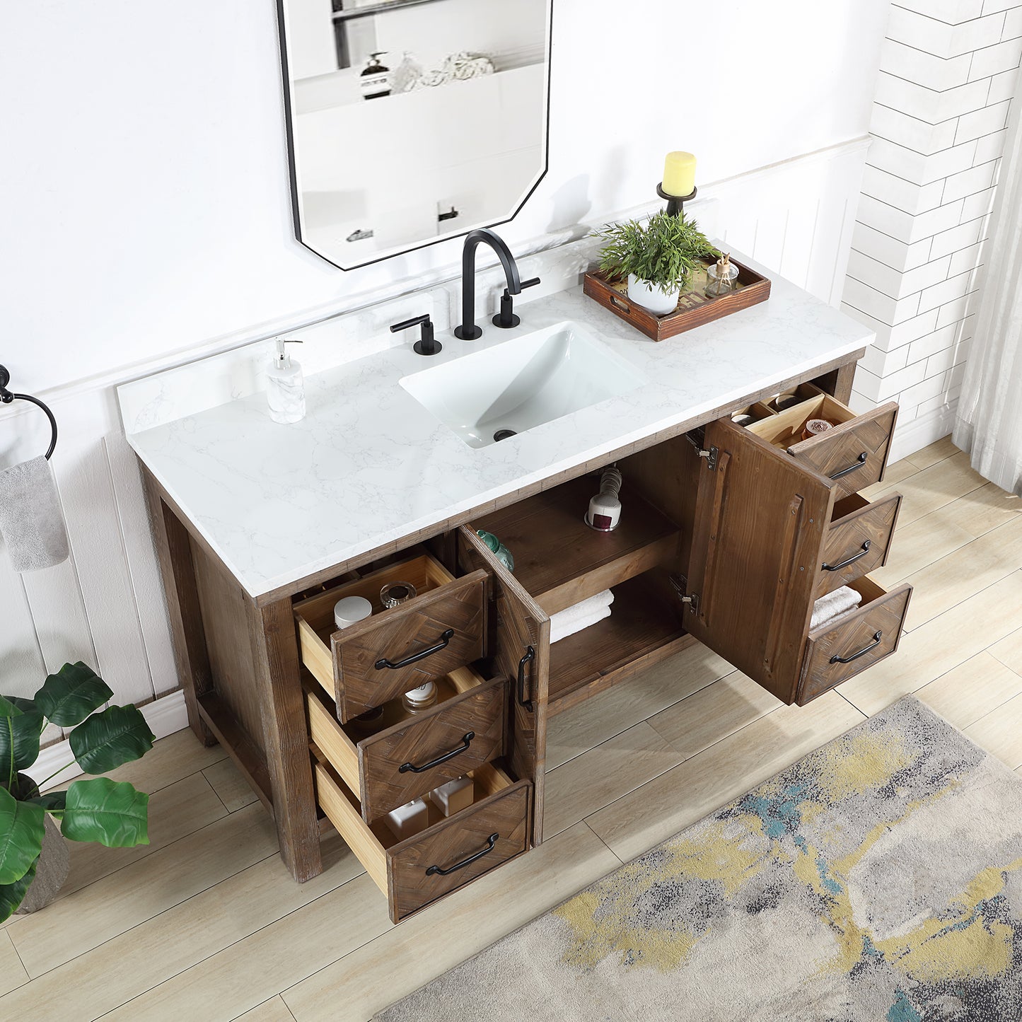 Vinnova, Javier 60" Free-standing Single Bath Vanity in Spruce Antique Gray with White Grain Composite Stone Top and Mirror