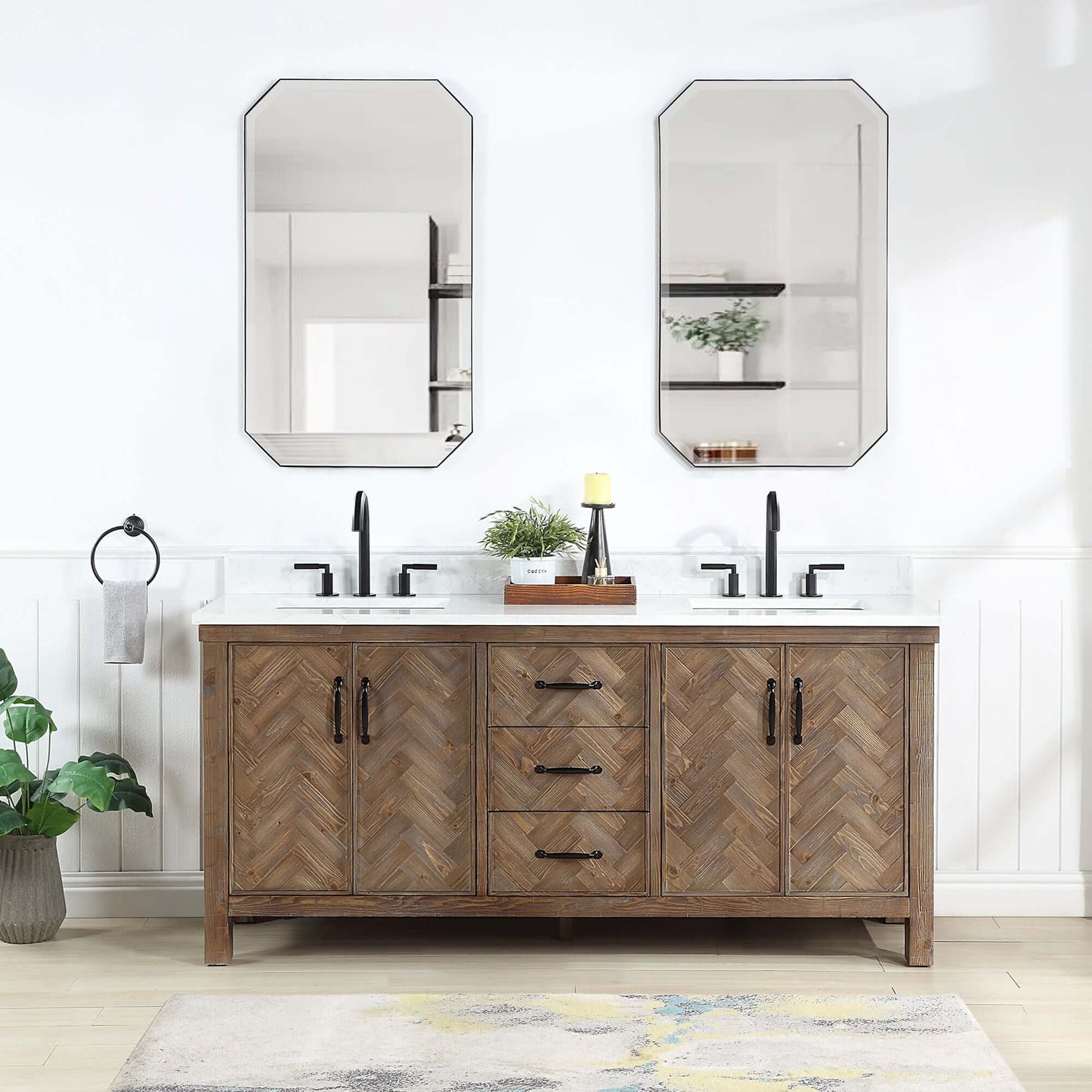 Vinnova Javier 72-inch free-standing double vanity in antique gray spruce with white grain composite top and mirror