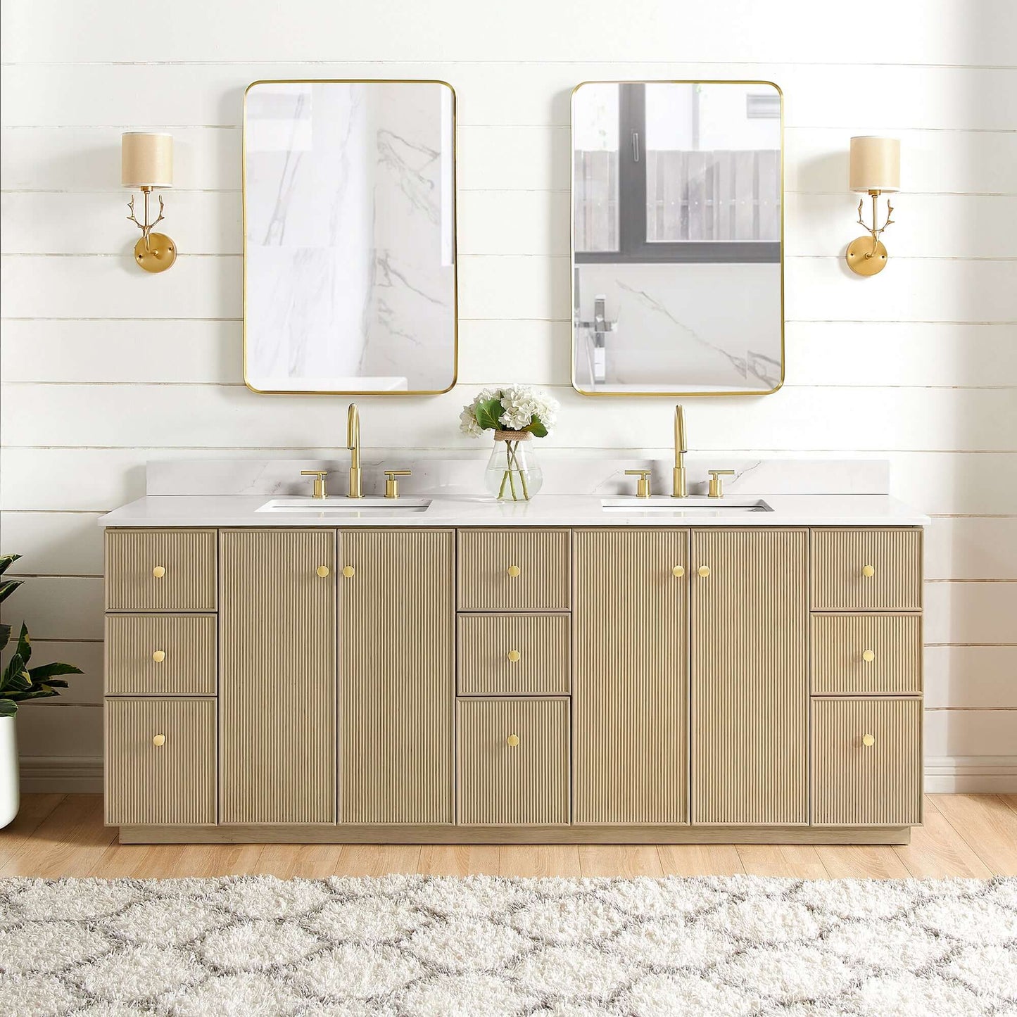 Vinnova Oza 84-inch free-standing double bathroom vanity in aged natural oak with Fish Maw white quartz stone top and mirror