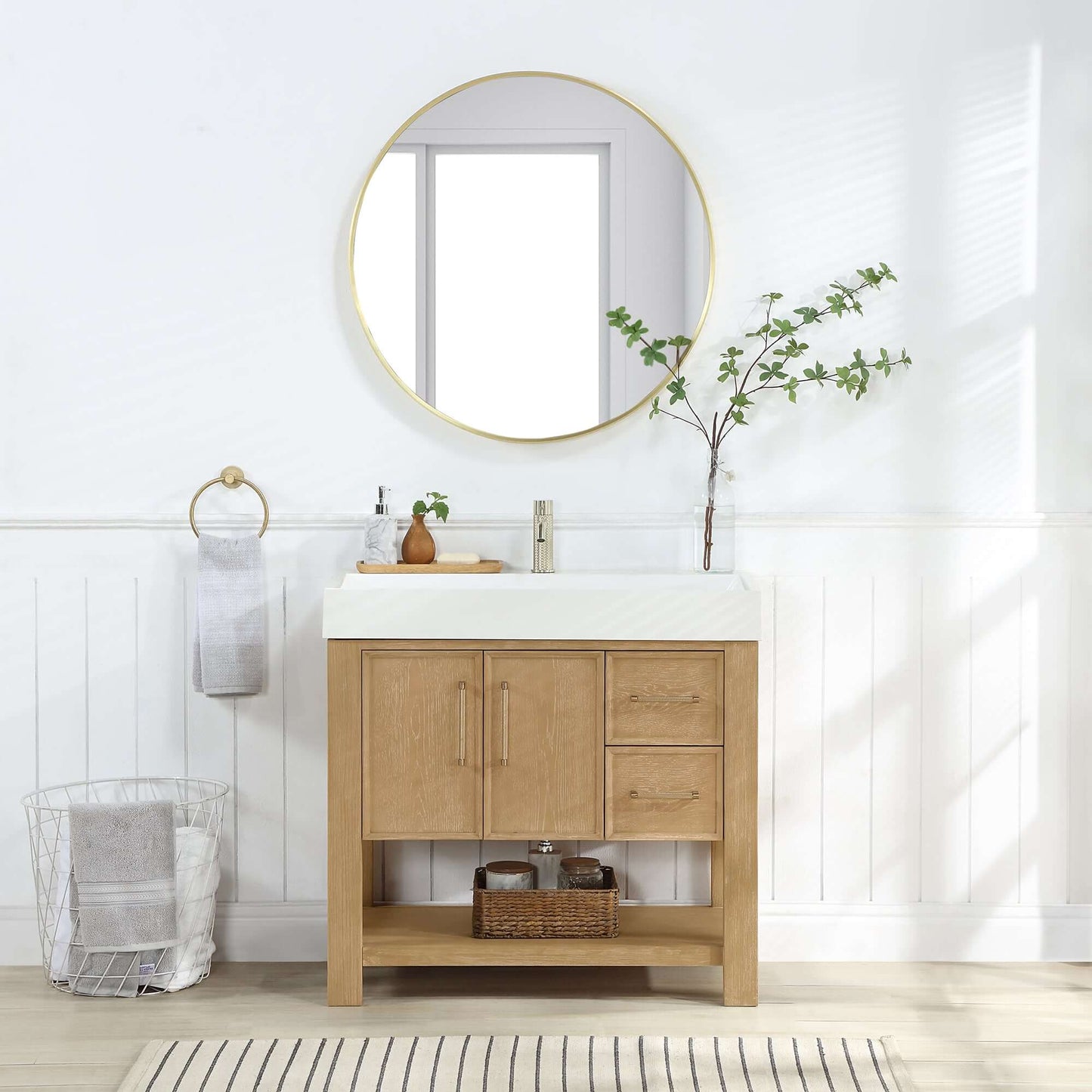 Vinnova Vera 36-inch free-standing single bathroom vanity in washed ash grey with white integrated stone sink top and mirror