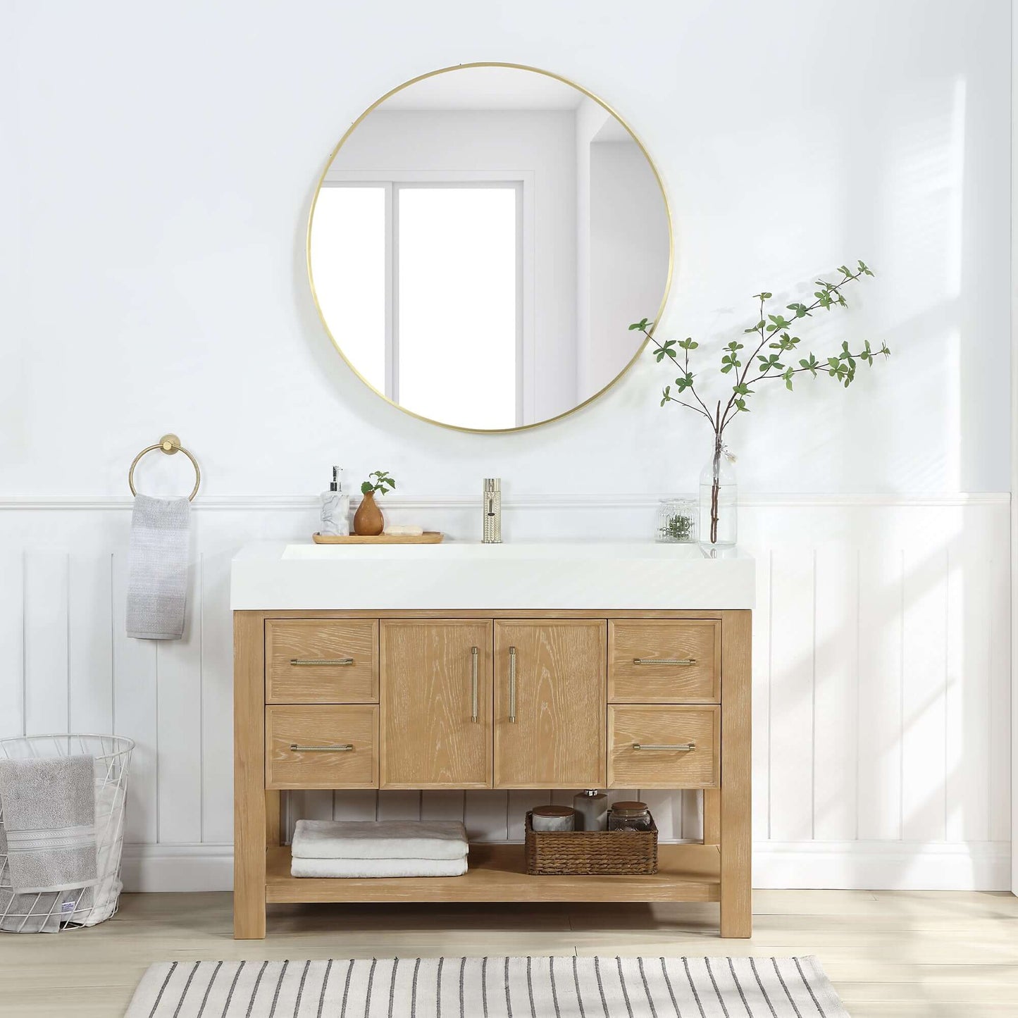 Vinnova Vera 48-inch free-standing single bathroom vanity in washed ash grey with white integrated stone sink top