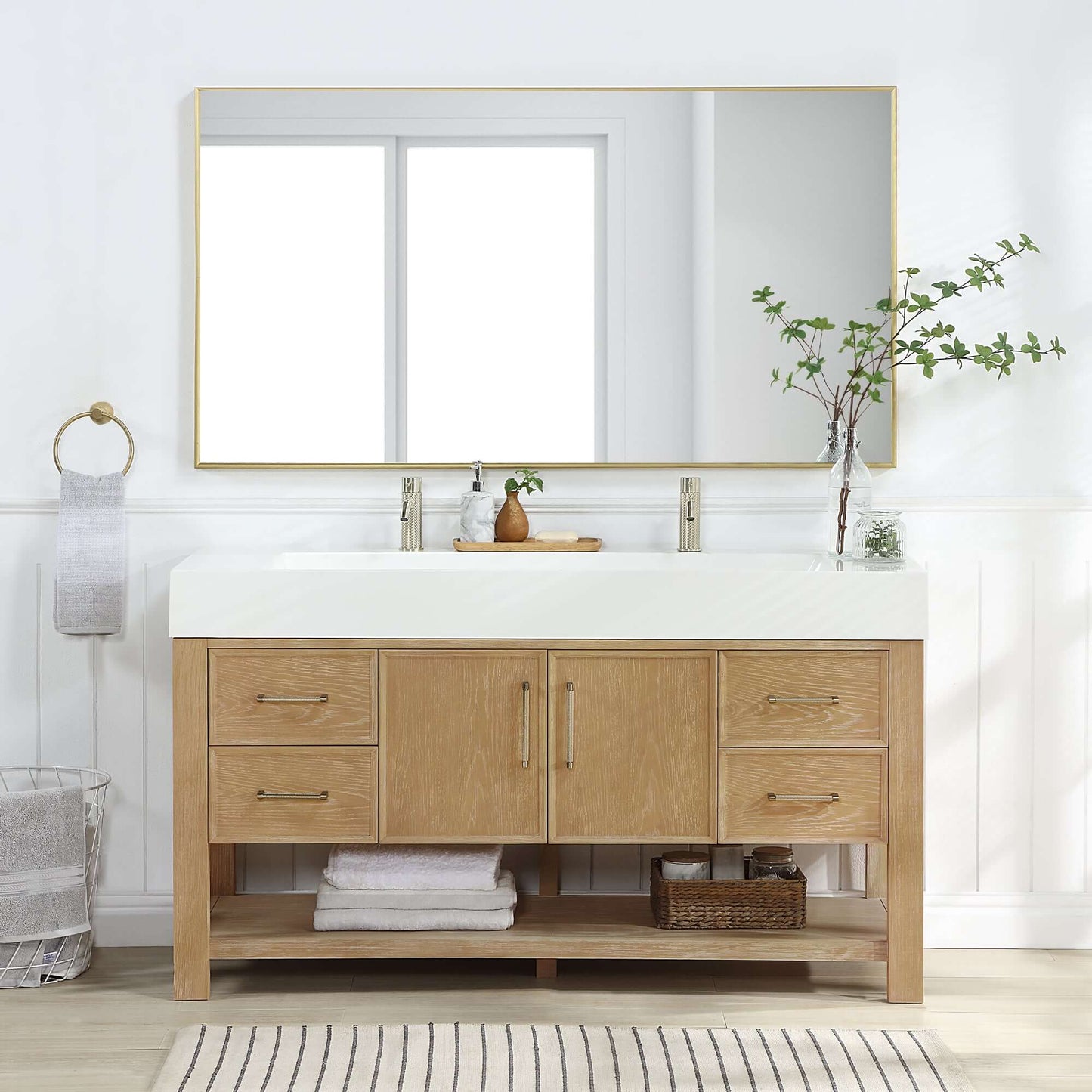 Vinnova Vera 60-inch free-standing single bathroom vanity in washed ash grey with white integrated stone sink top and mirror