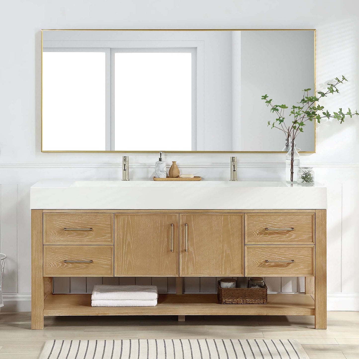 Vinnova Vera 72-inch free-standing single bathroom vanity in washed ash grey with white integrated stone sink top and mirror