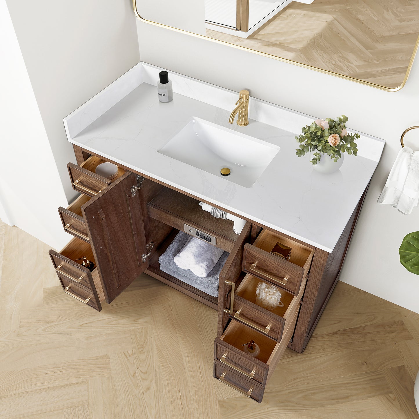 Vinnova, Jakarta 48" Freestanding Single Bath Vanity in Aged Dark Brown Oak with Silk White Quartz Stone Top