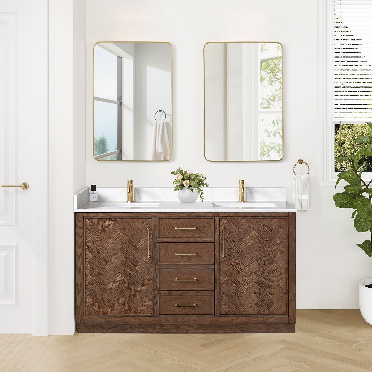 Vinnova, Jakarta 60M" Freestanding Double Bath Vanity in Aged Dark Brown Oak with Silk White Quartz Stone Top