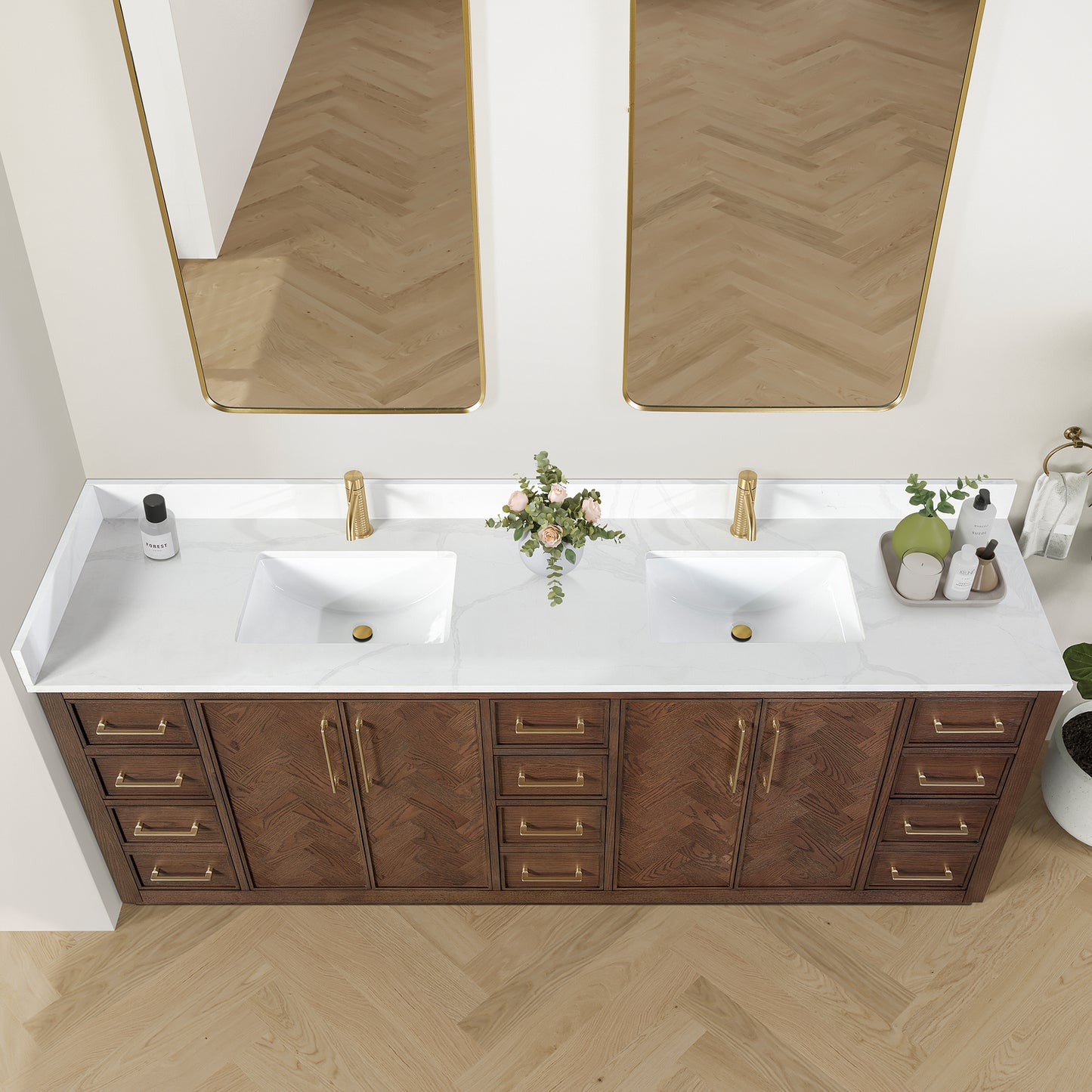 Vinnova, Jakarta 84" Freestanding Double Bath Vanity in Aged Dark Brown Oak with Silk White Quartz Stone Top