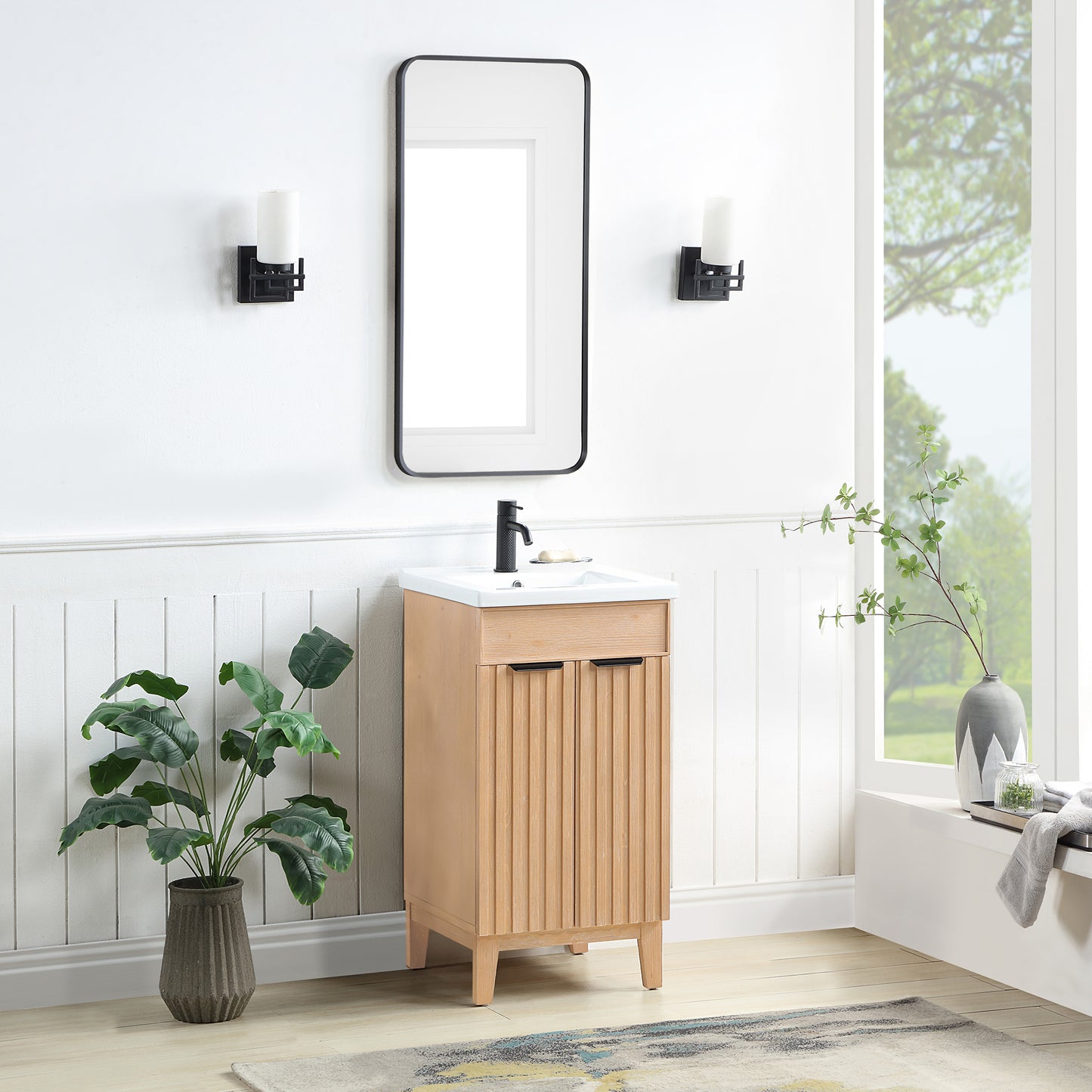 Vinnova, Palos 18" Free-standing Single Bath Vanity in Fir Wood Brown with Drop-In White Ceramic Basin Top