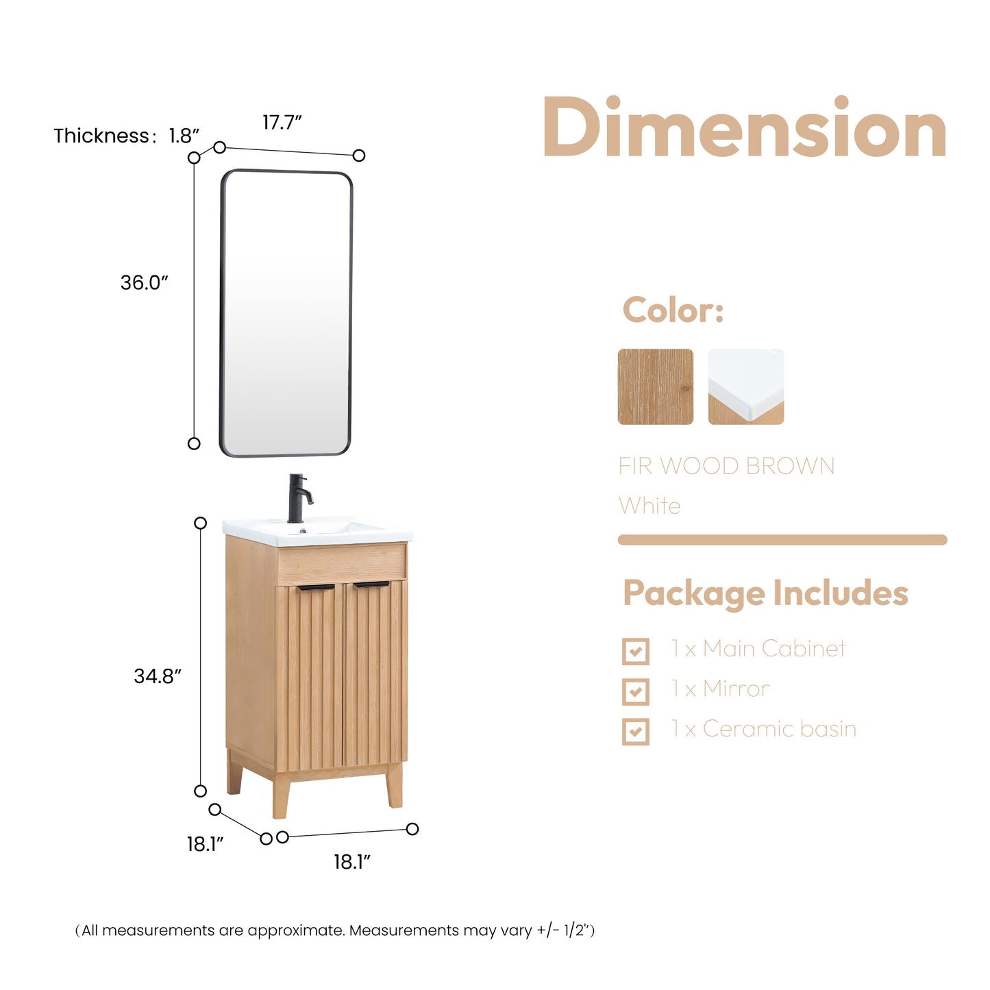 Vinnova, Palos 18" Free-standing Single Bath Vanity in Fir Wood Brown with Drop-In White Ceramic Basin Top and Mirror