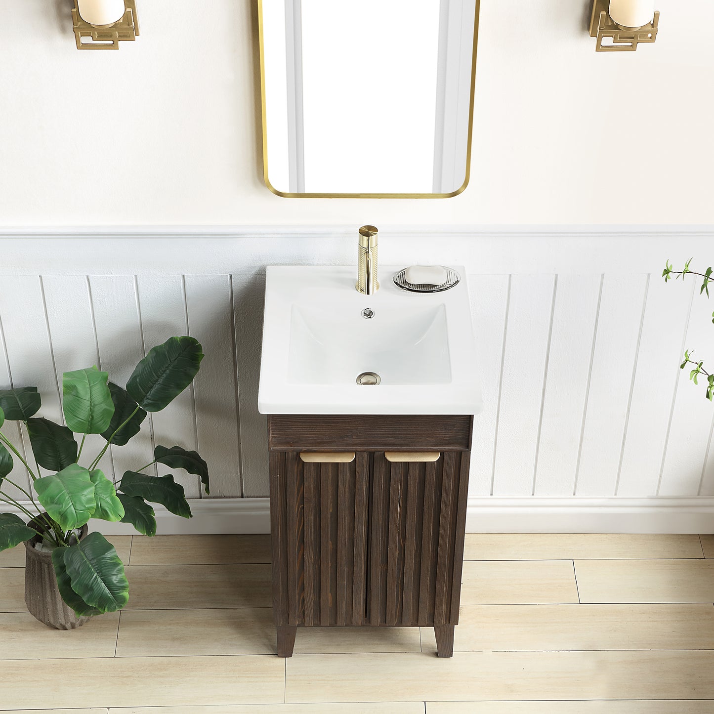 Vinnova, Palos 18" Free-standing Single Bath Vanity in Spruce Aged Brown with Drop-In White Ceramic Basin Top