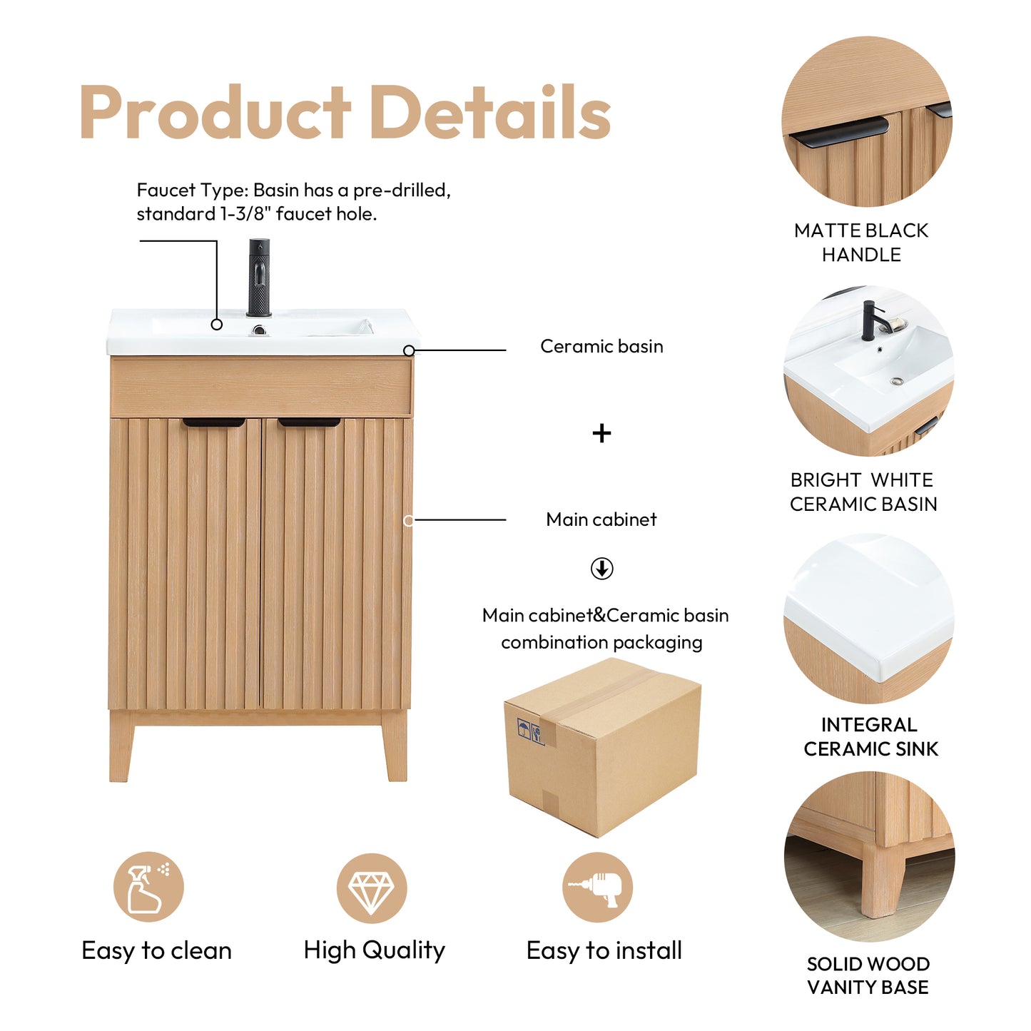 Vinnova, Palos 24" Free-standing Single Bath Vanity in Fir Wood Brown with Drop-In White Ceramic Basin Top and Mirror