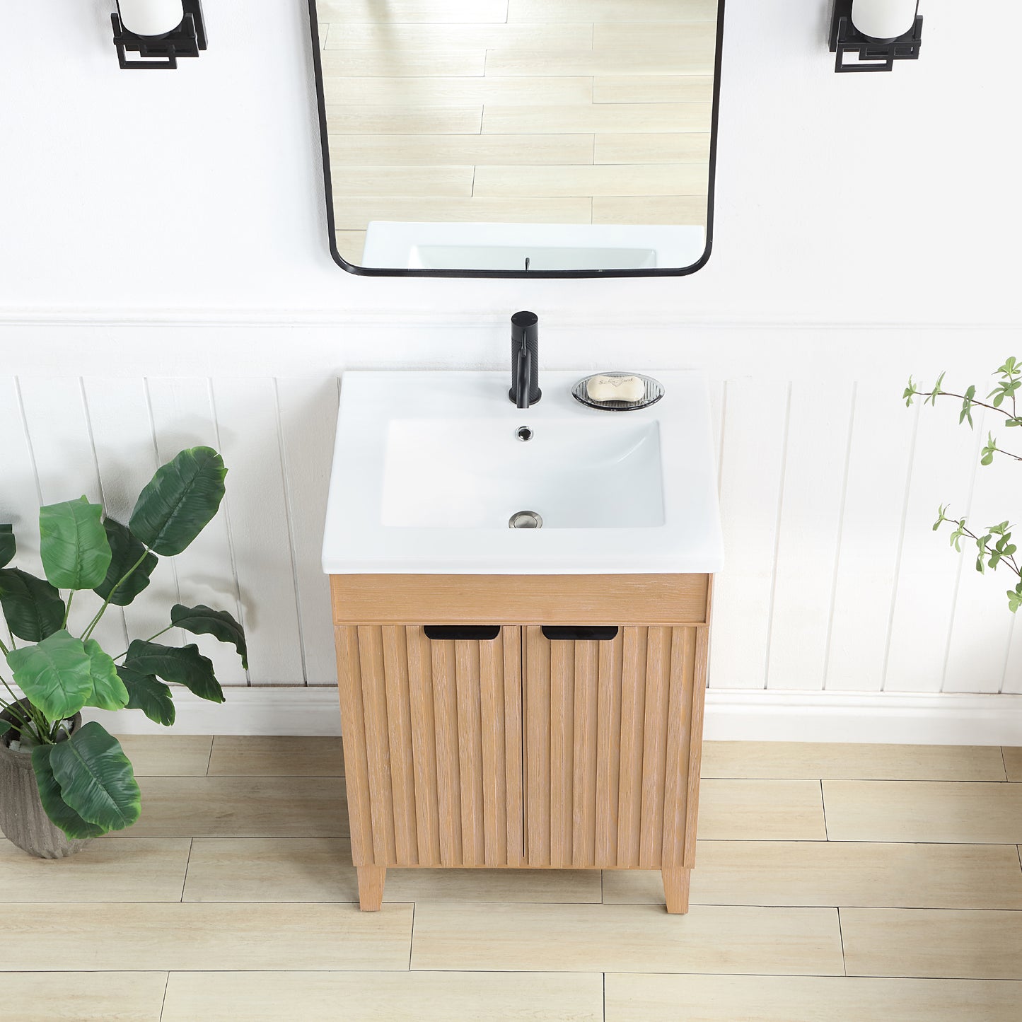 Vinnova, Palos 24" Free-standing Single Bath Vanity in Fir Wood Brown with Drop-In White Ceramic Basin Top and Mirror