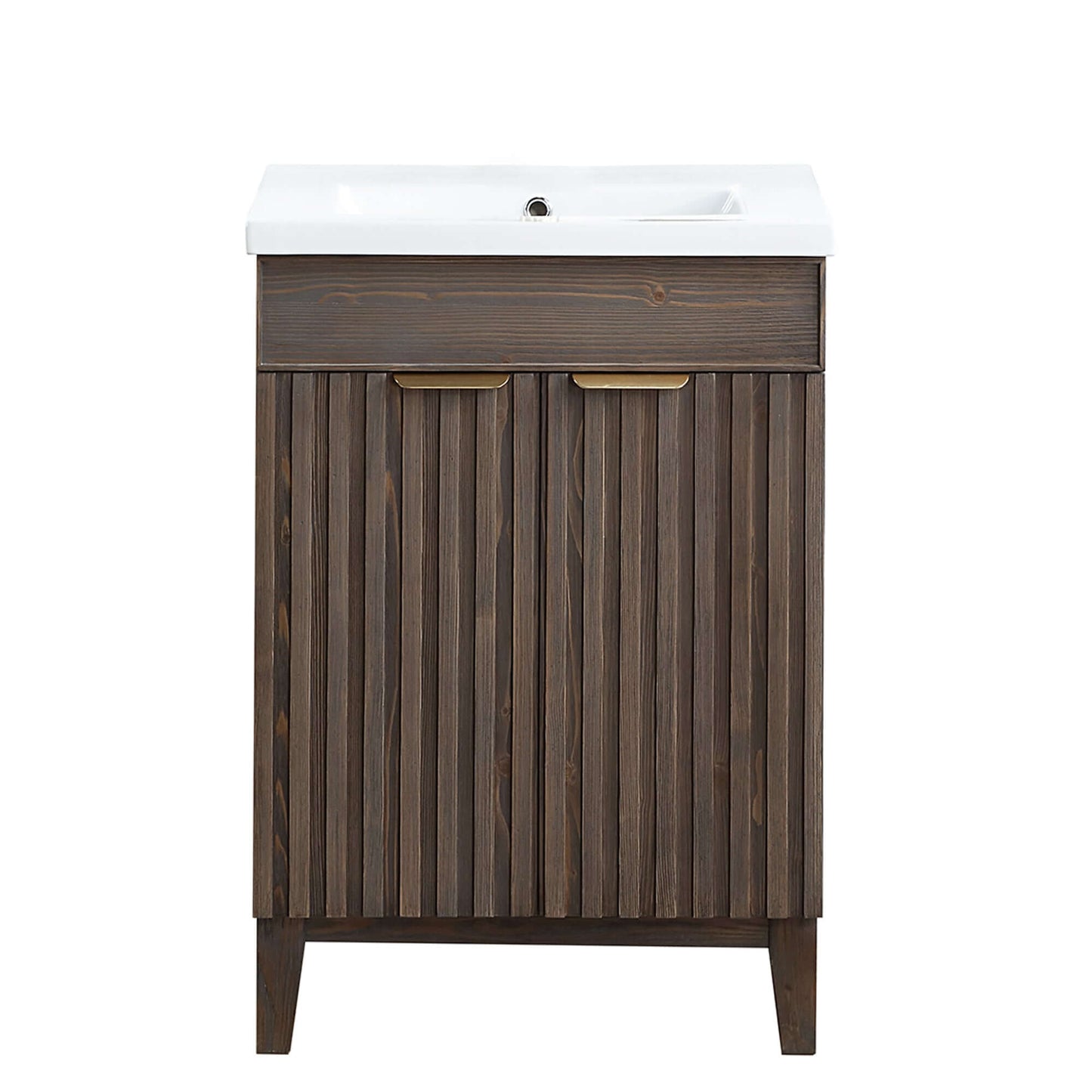 Vinnova Palos 24-inch free-standing single bathroom vanity in aged brown spruce with drop-in white ceramic basin top