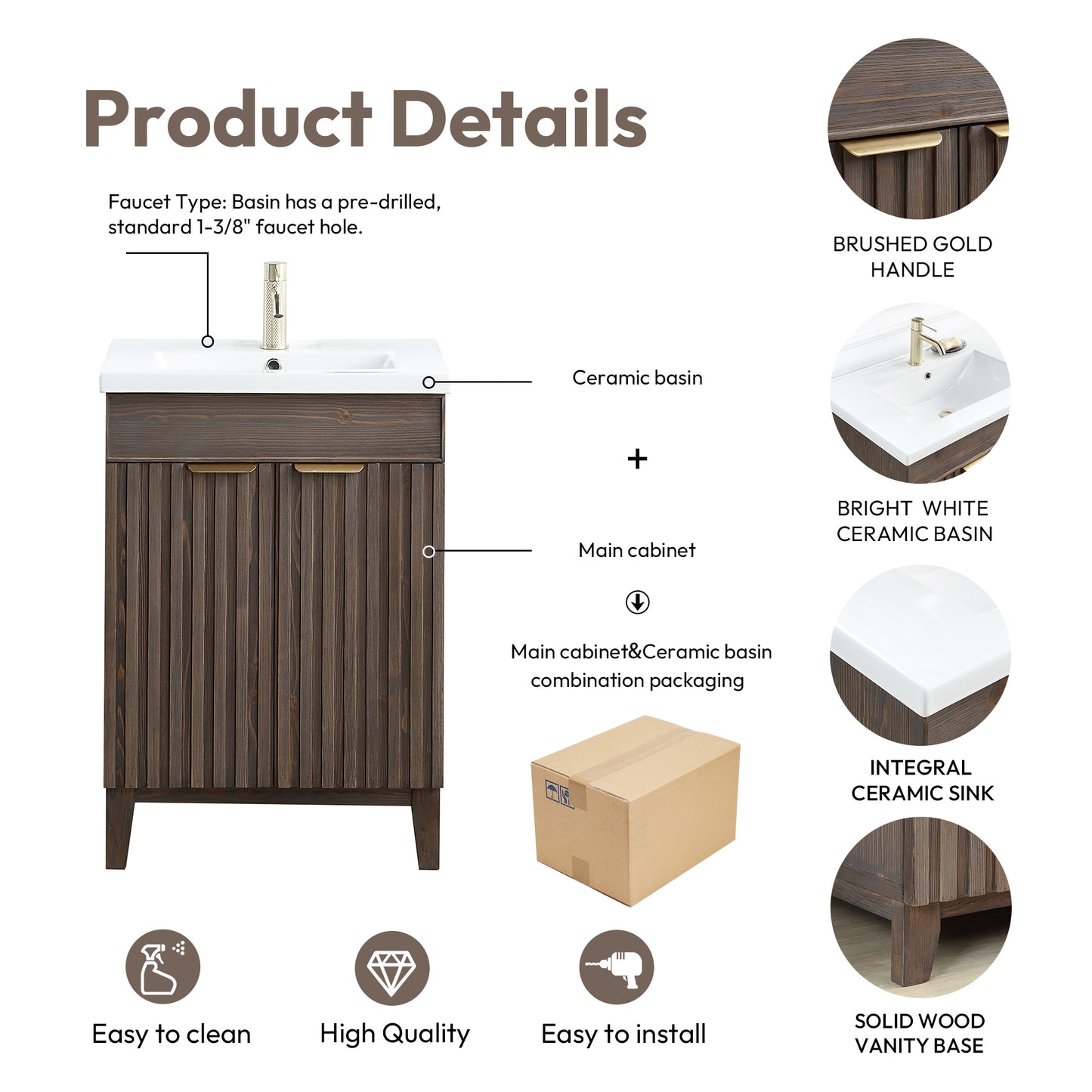 Vinnova, Palos 24" Free-standing Single Bath Vanity in Spruce Aged Brown with Drop-In White Ceramic Basin Top and Mirror