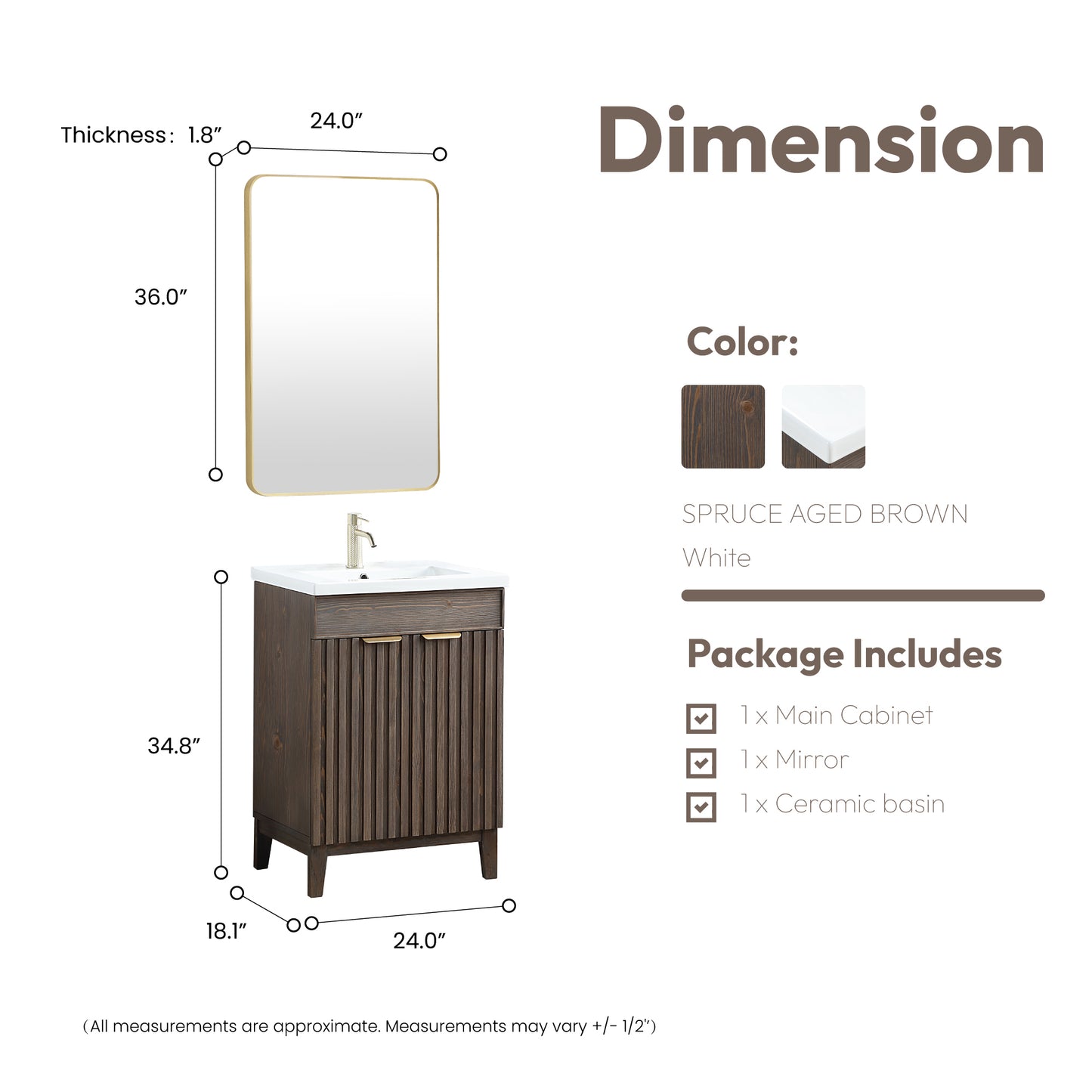 Vinnova, Palos 24" Free-standing Single Bath Vanity in Spruce Aged Brown with Drop-In White Ceramic Basin Top and Mirror