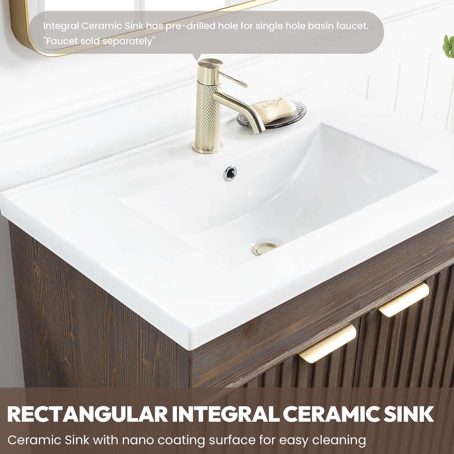 Vinnova, Palos 24" Free-standing Single Bath Vanity in Spruce Aged Brown with Drop-In White Ceramic Basin Top and Mirror