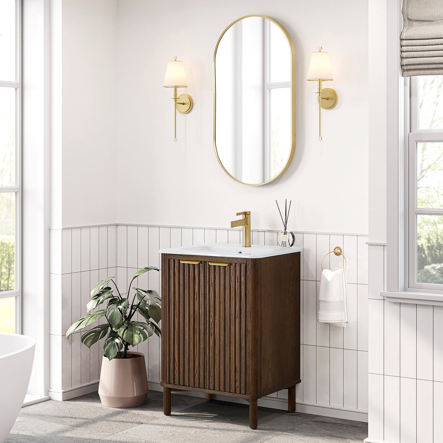 Vinnova, Mumbai 24" Free-standing Single Bath Vanity in Aged Dark Brown Oak with Drop-In White Ceramic Basin Top