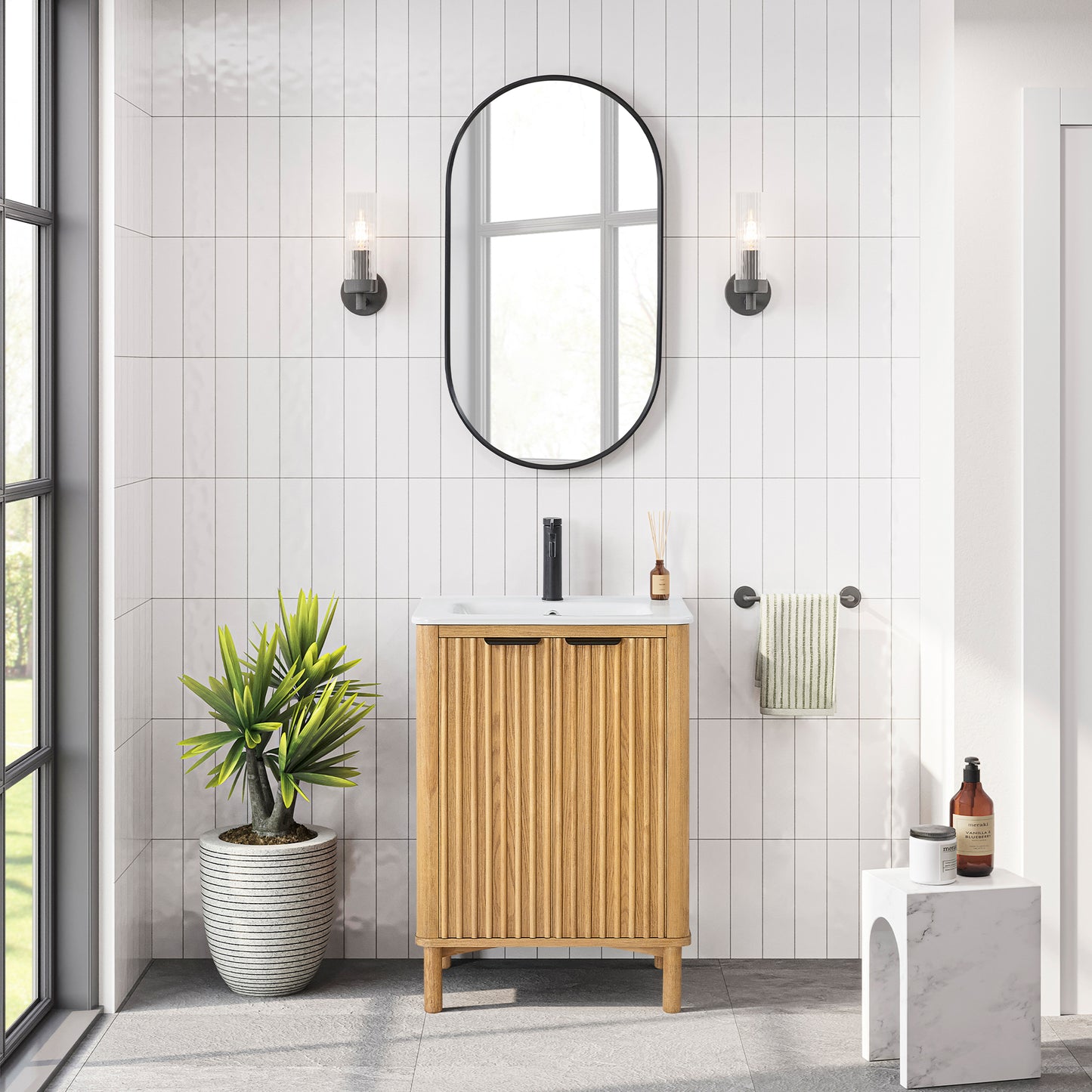 Vinnova, Mumbai 24" Free-standing Single Bath Vanity in Oak Weathering Light Brown with Drop-In White Ceramic Basin Top