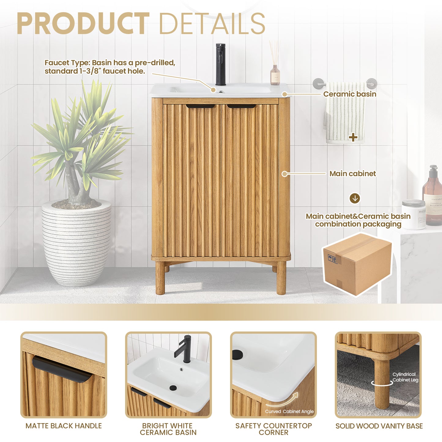 Vinnova, Mumbai 24" Free-standing Single Bath Vanity in Oak Weathering Light Brown with Drop-In White Ceramic Basin Top