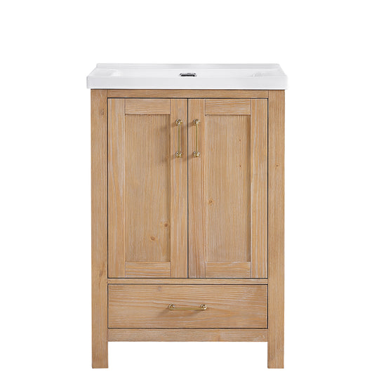 Vinnova, Gela 24" Single Sink Bath Vanity in Fir Wood Brown with Drop-In White Ceramic Basin