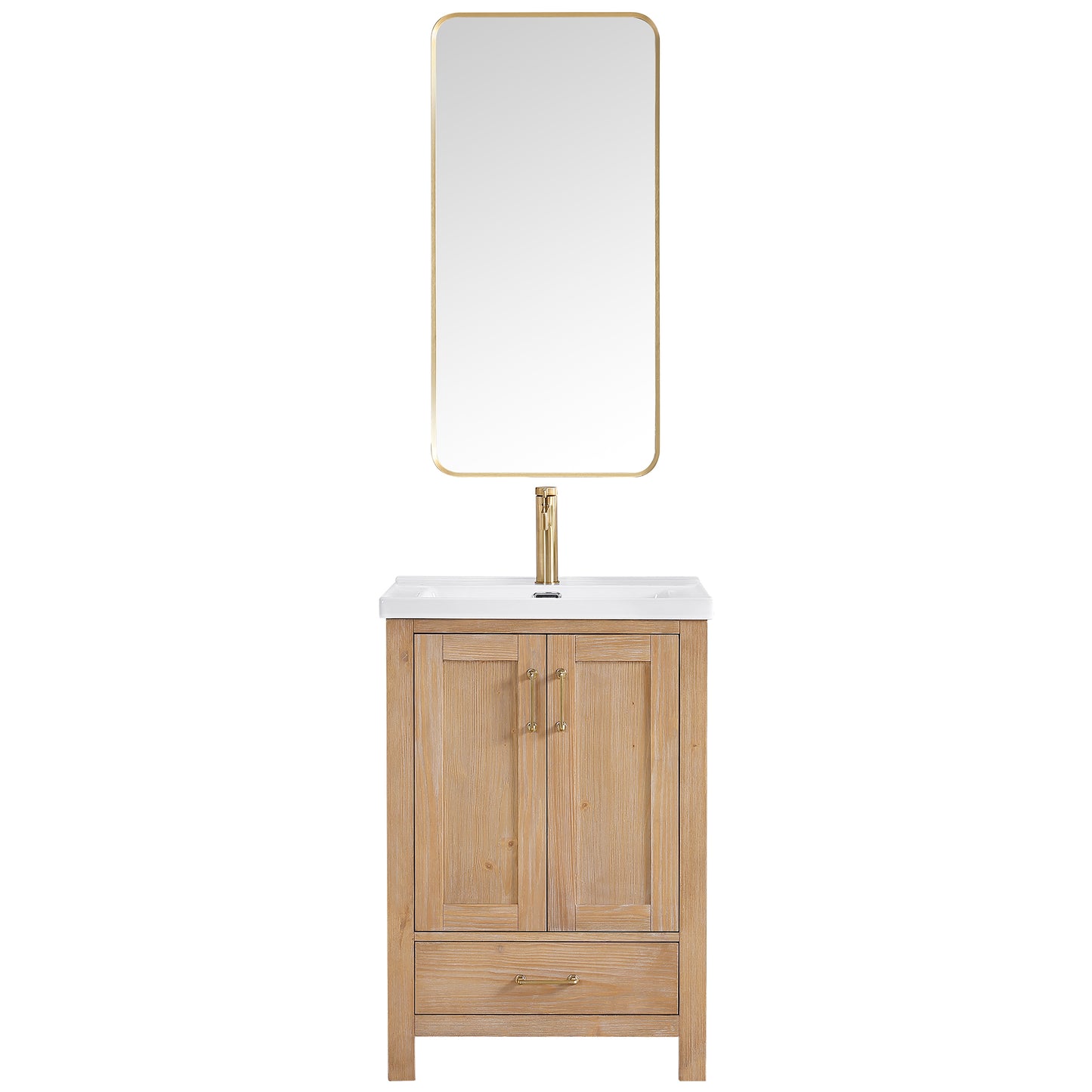 Vinnova, Gela 24" Single Sink Bath Vanity in Fir Wood Brown with Drop-In White Ceramic Basin and Mirror