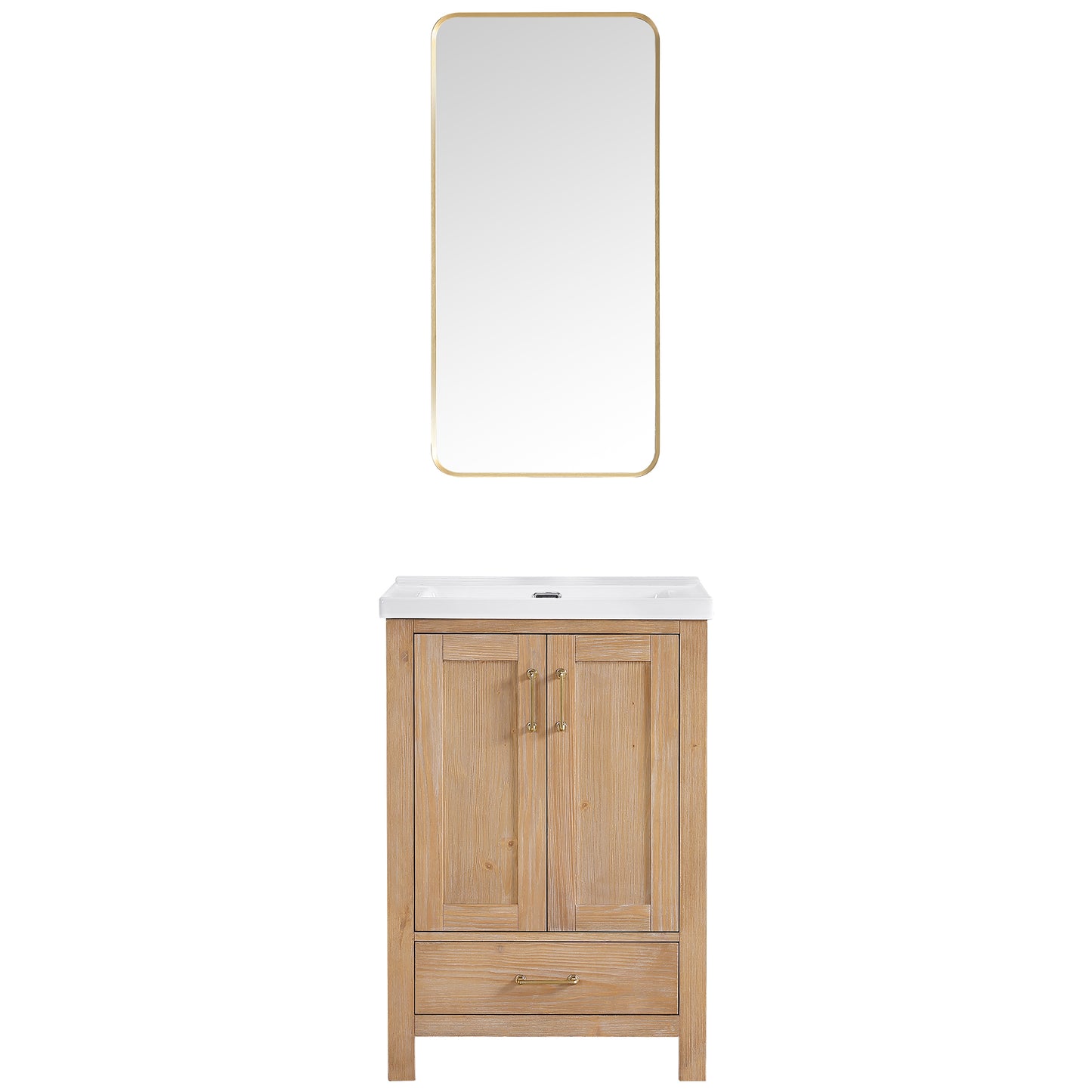 Vinnova, Gela 24" Single Sink Bath Vanity in Fir Wood Brown with Drop-In White Ceramic Basin and Mirror