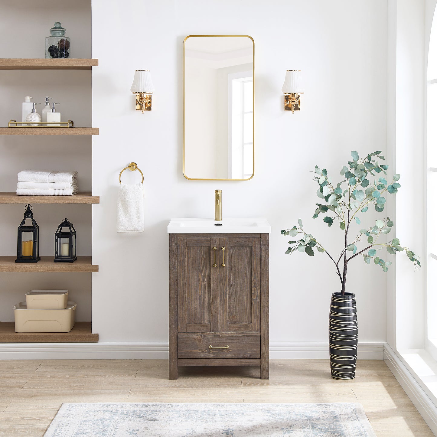 Vinnova, Gela 24" Single Sink Bath Vanity in Spruce Vintage Brown with Drop-In White Ceramic Basin