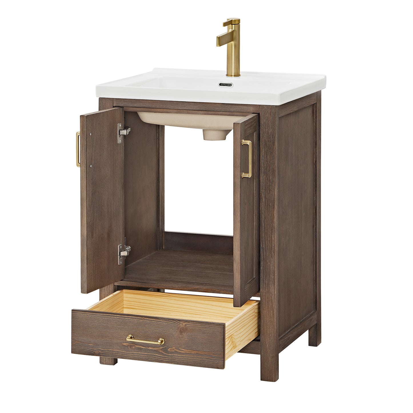 Vinnova, Gela 24" Single Sink Bath Vanity in Spruce Vintage Brown with Drop-In White Ceramic Basin