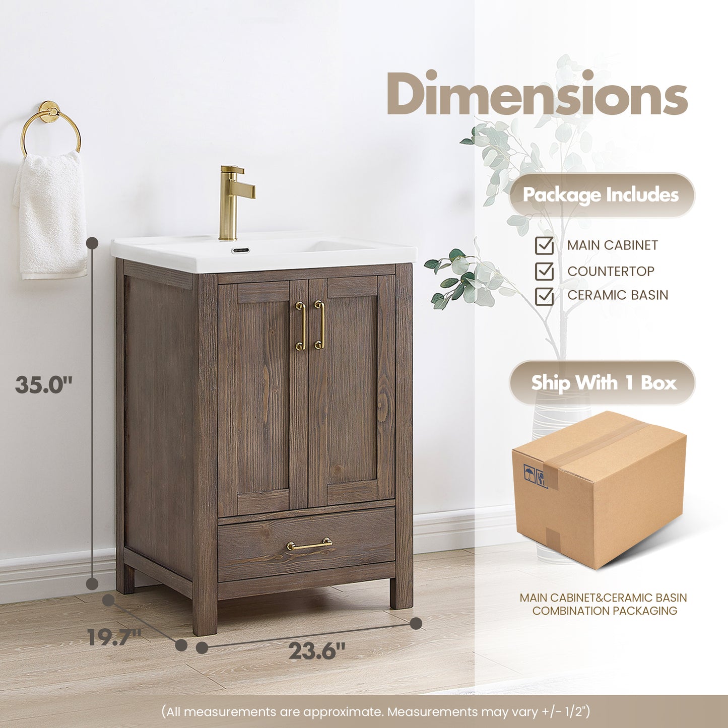 Vinnova, Gela 24" Single Sink Bath Vanity in Spruce Vintage Brown with Drop-In White Ceramic Basin