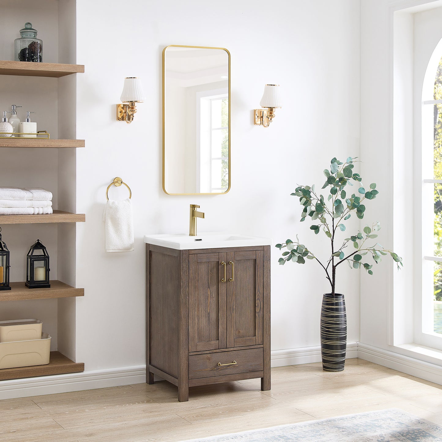 Vinnova, Gela 24" Single Sink Bath Vanity in Spruce Vintage Brown with Drop-In White Ceramic Basin
