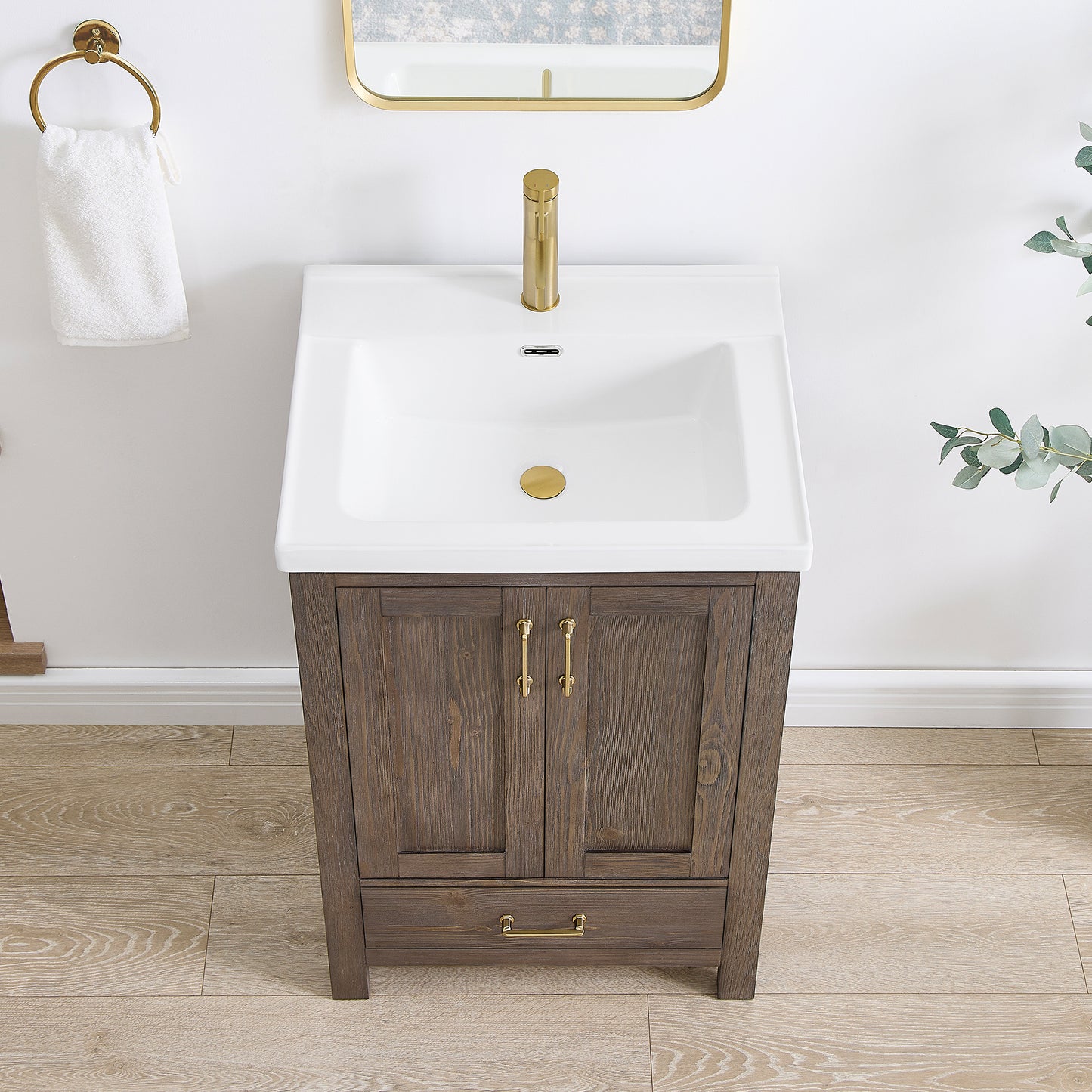 Vinnova, Gela 24" Single Sink Bath Vanity in Spruce Vintage Brown with Drop-In White Ceramic Basin