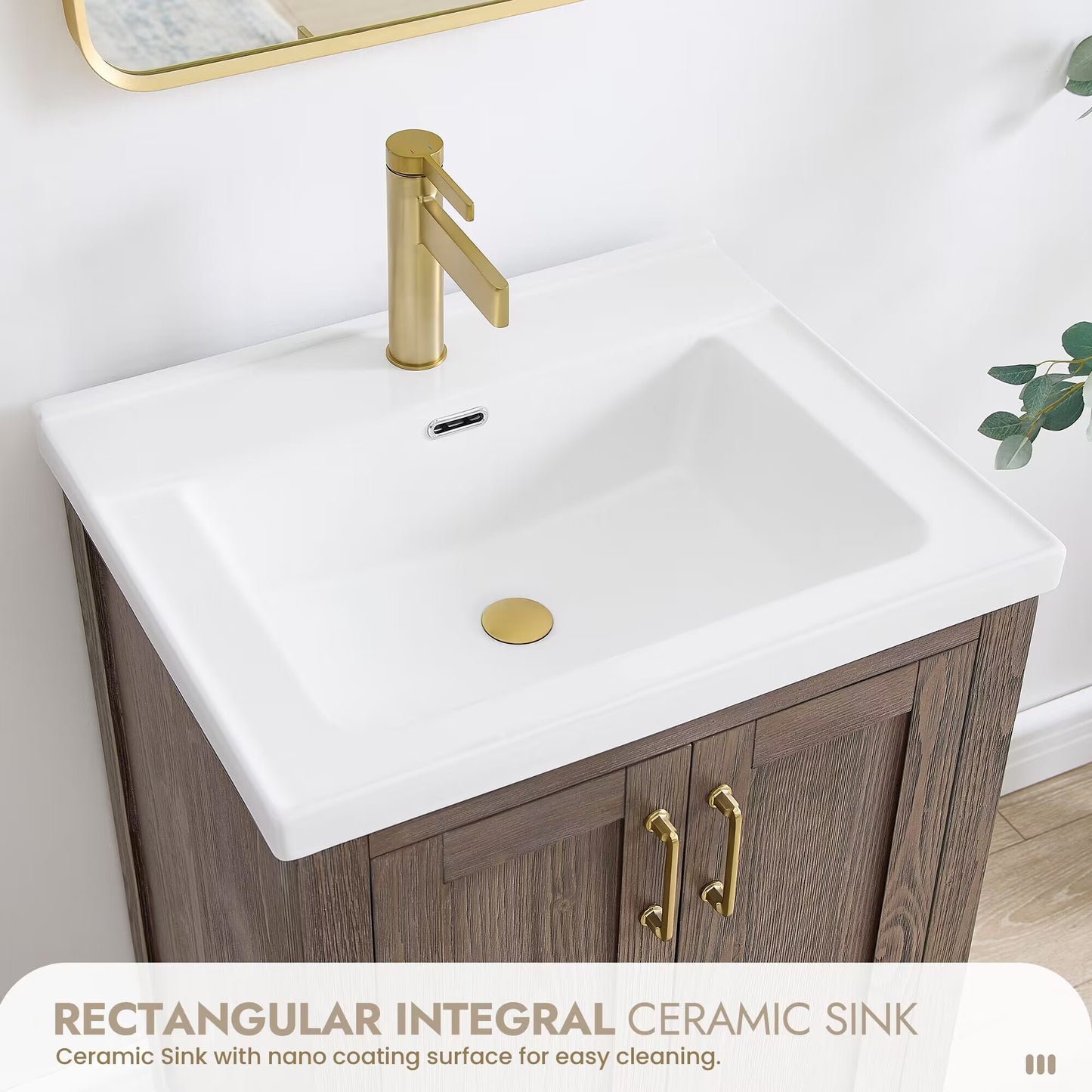 Vinnova, Gela 24" Single Sink Bath Vanity in Spruce Vintage Brown with Drop-In White Ceramic Basin