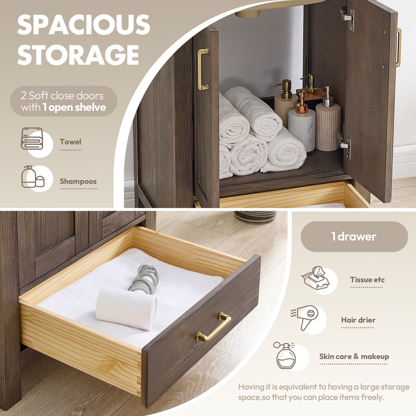 Vinnova, Gela 24" Single Sink Bath Vanity in Spruce Vintage Brown with Drop-In White Ceramic Basin