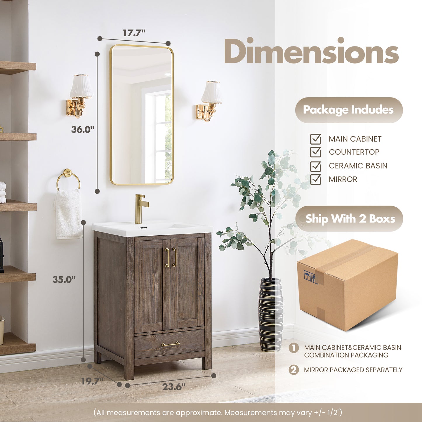 Vinnova, Gela 24" Single Sink Bath Vanity in Spruce Vintage Brown with Drop-In White Ceramic Basin and Mirror