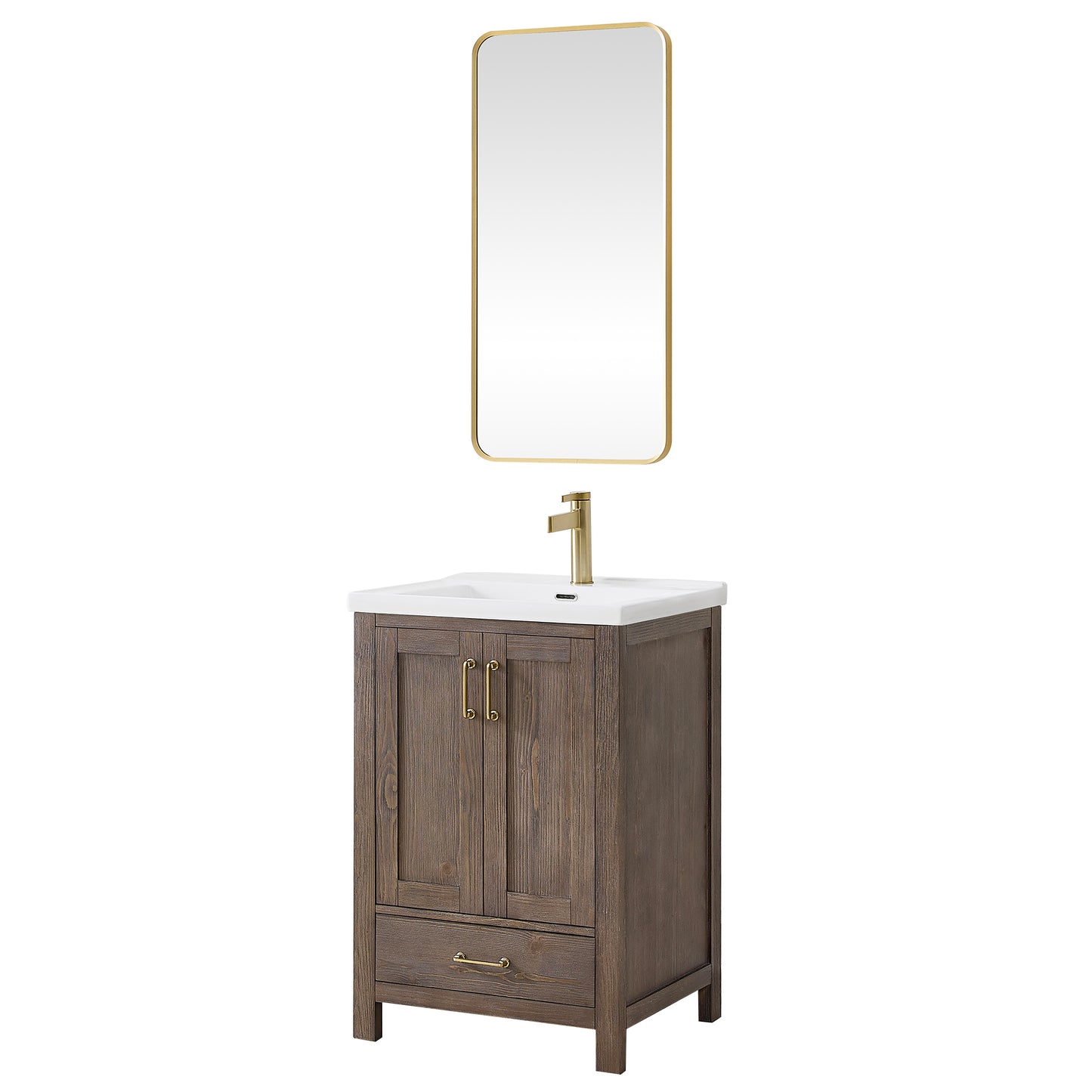 Vinnova, Gela 24" Single Sink Bath Vanity in Spruce Vintage Brown with Drop-In White Ceramic Basin and Mirror