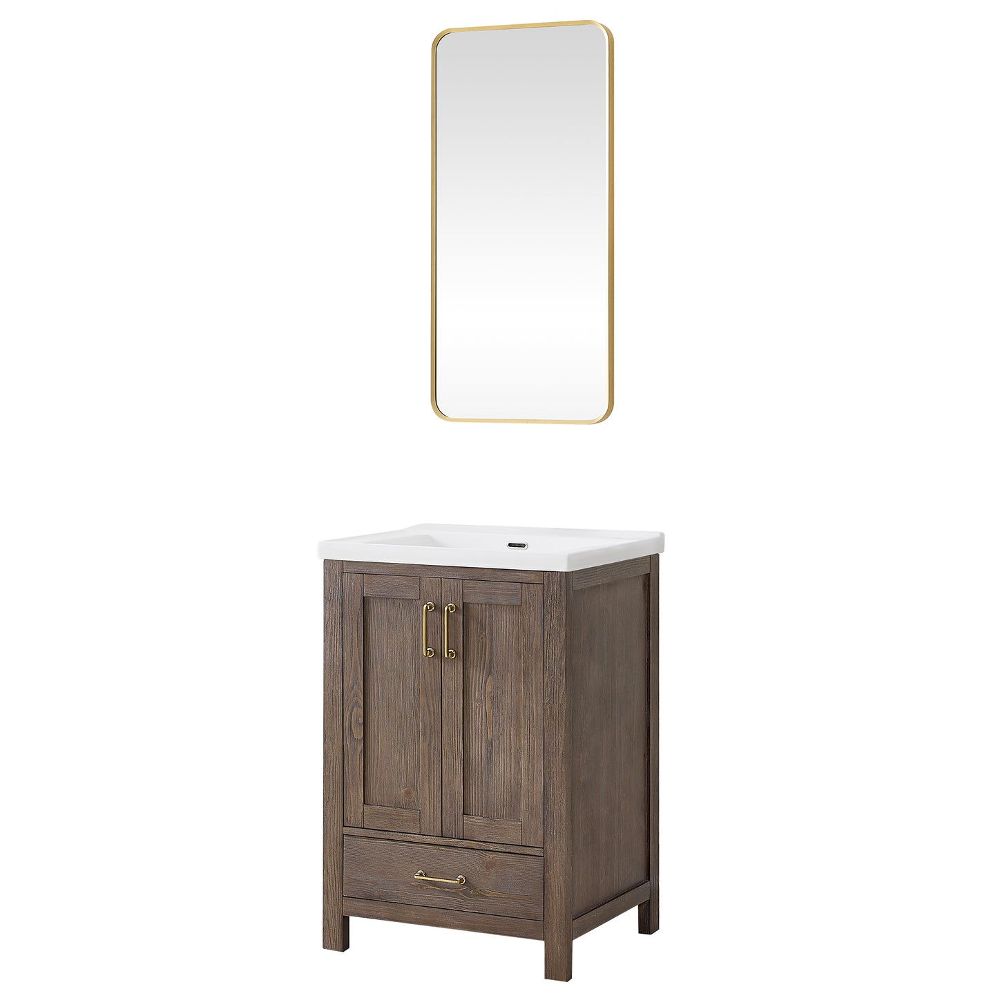 Vinnova, Gela 24" Single Sink Bath Vanity in Spruce Vintage Brown with Drop-In White Ceramic Basin and Mirror