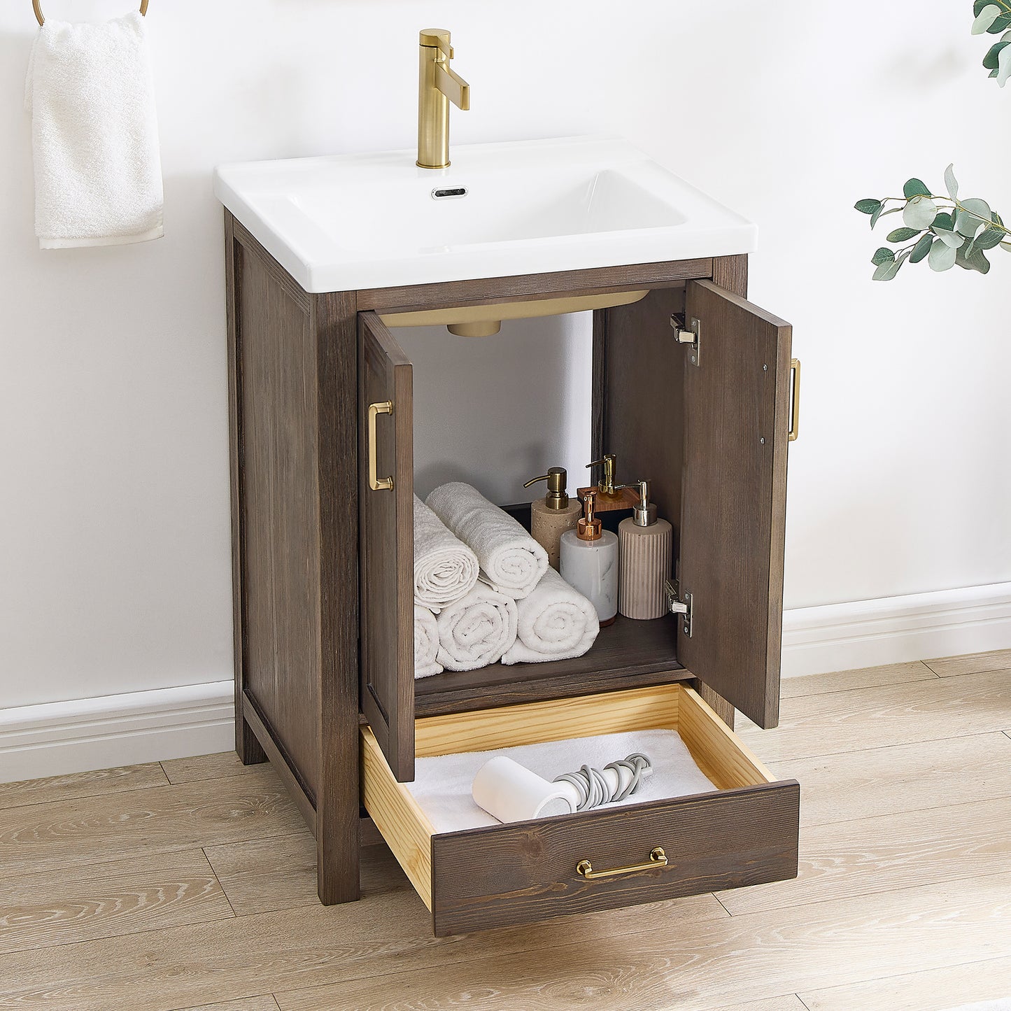 Vinnova, Gela 24" Single Sink Bath Vanity in Spruce Vintage Brown with Drop-In White Ceramic Basin and Mirror